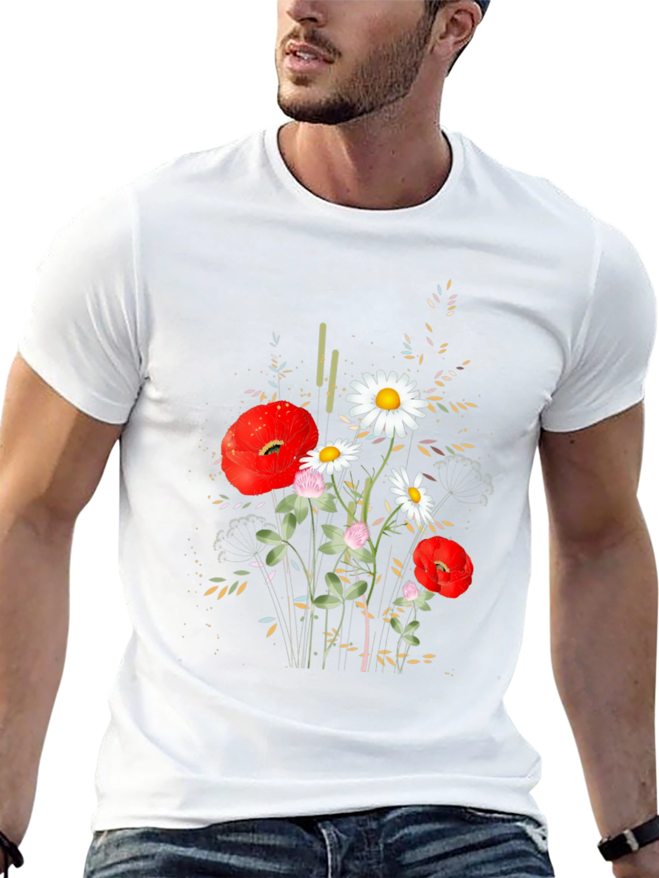 Floral Print Black Cotton T-Shirt