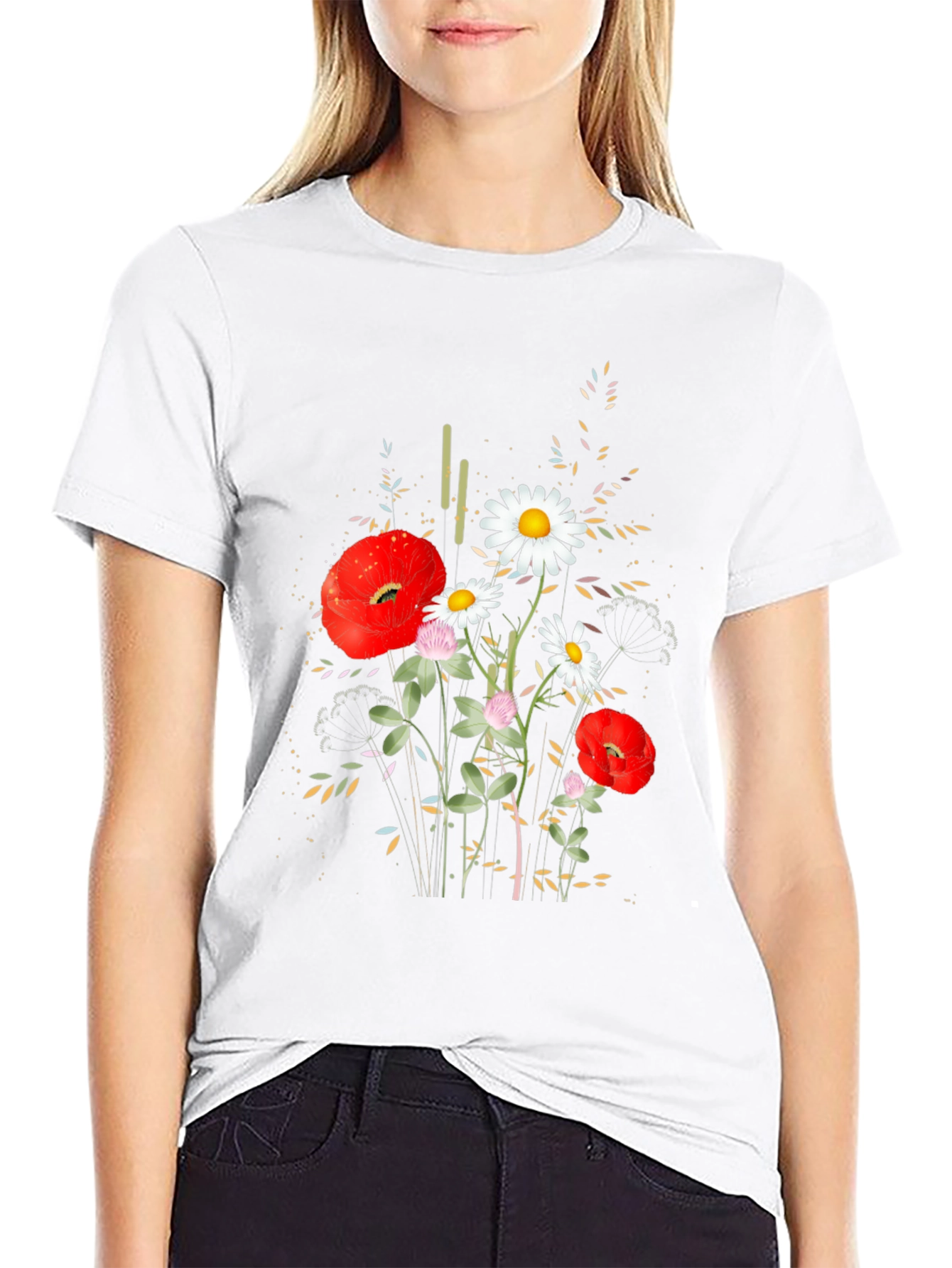 Floral Print Black Cotton T-Shirt