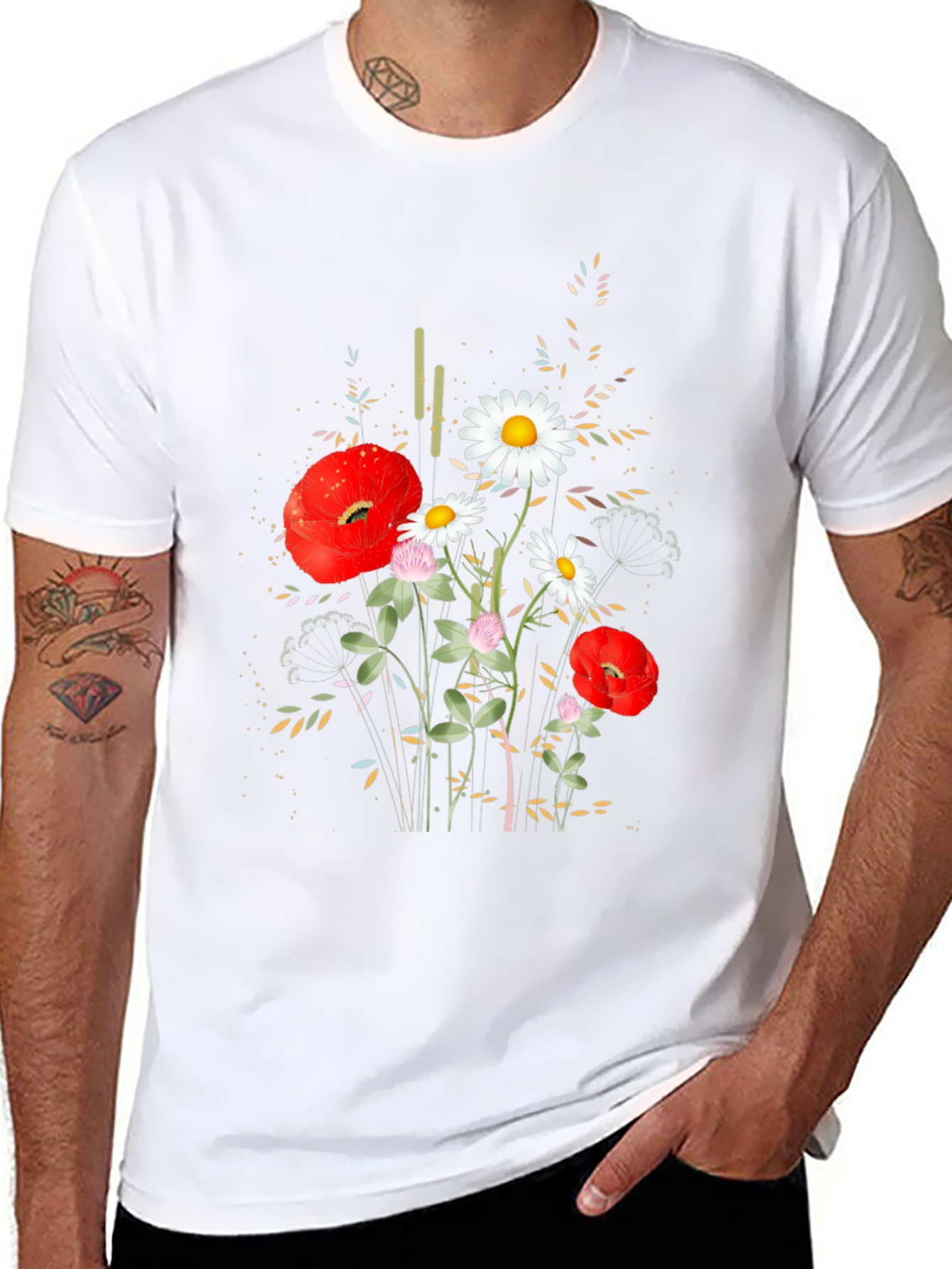 Floral Print Black Cotton T-Shirt
