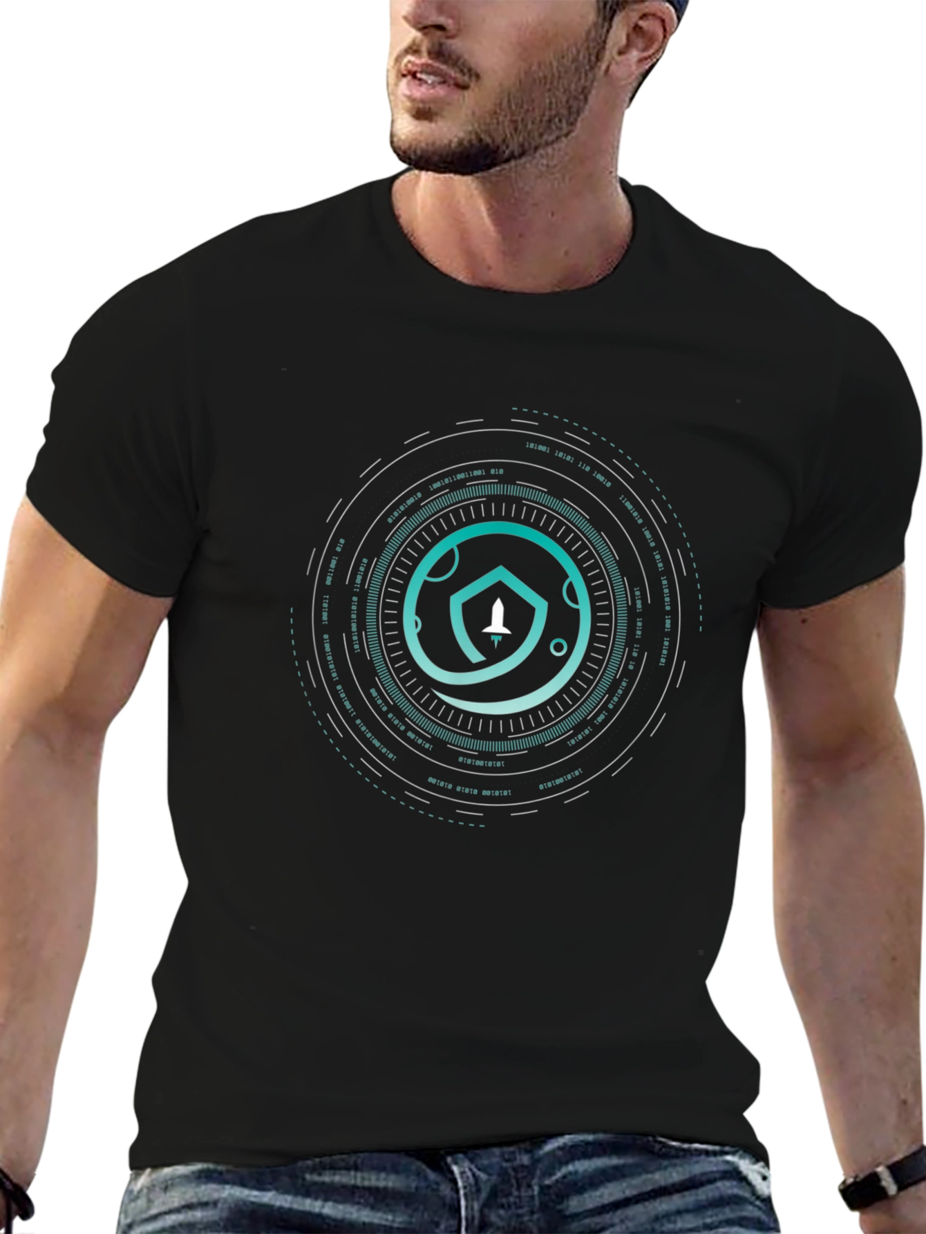 Cyber Shield Tee - Modern Graphic Print Black T-Shirt