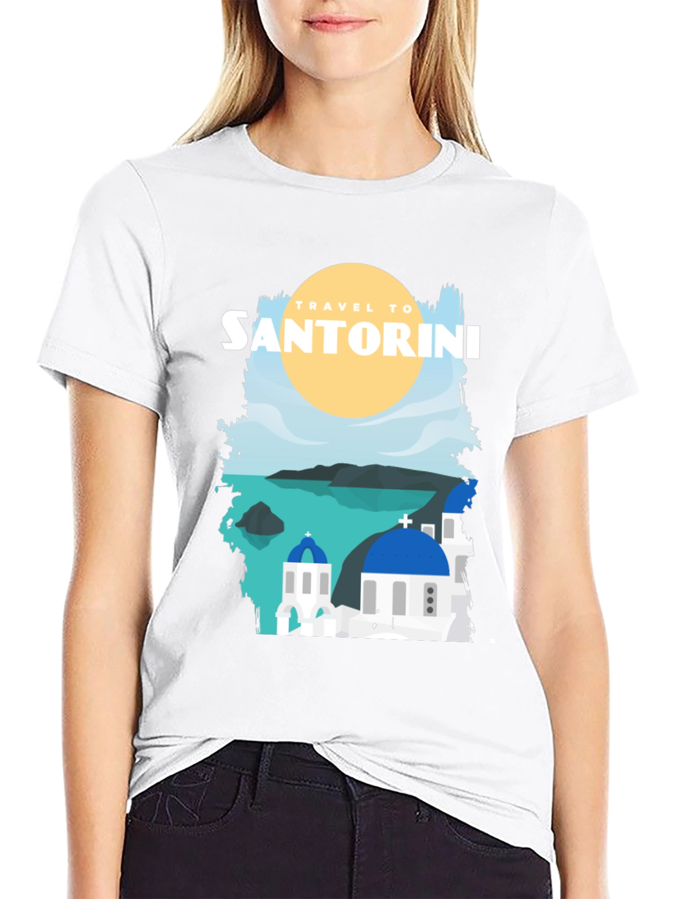 Santorini Travel Graphic Tee - Black Cotton T-Shirt