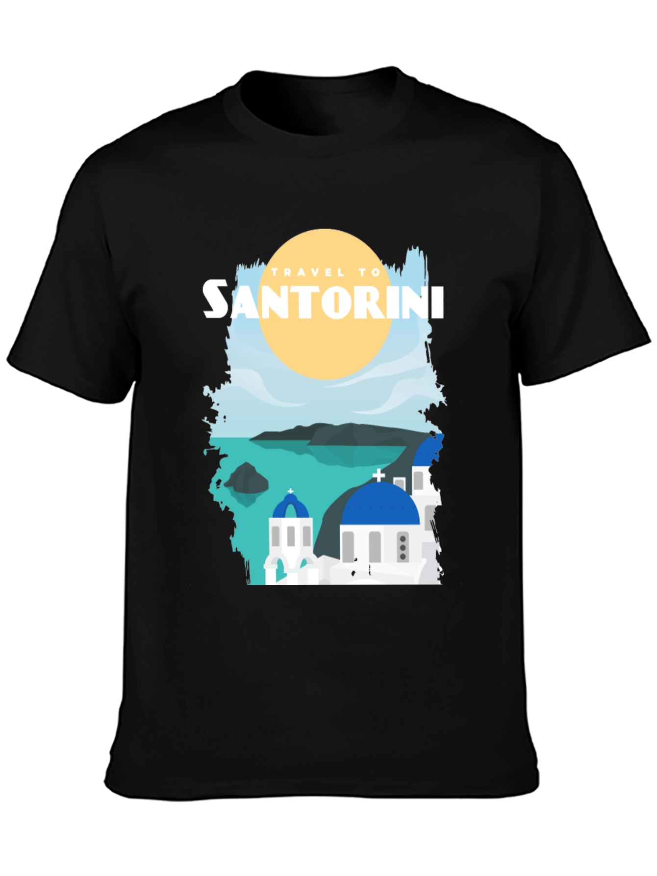 Santorini Travel Graphic Tee - Black Cotton T-Shirt
