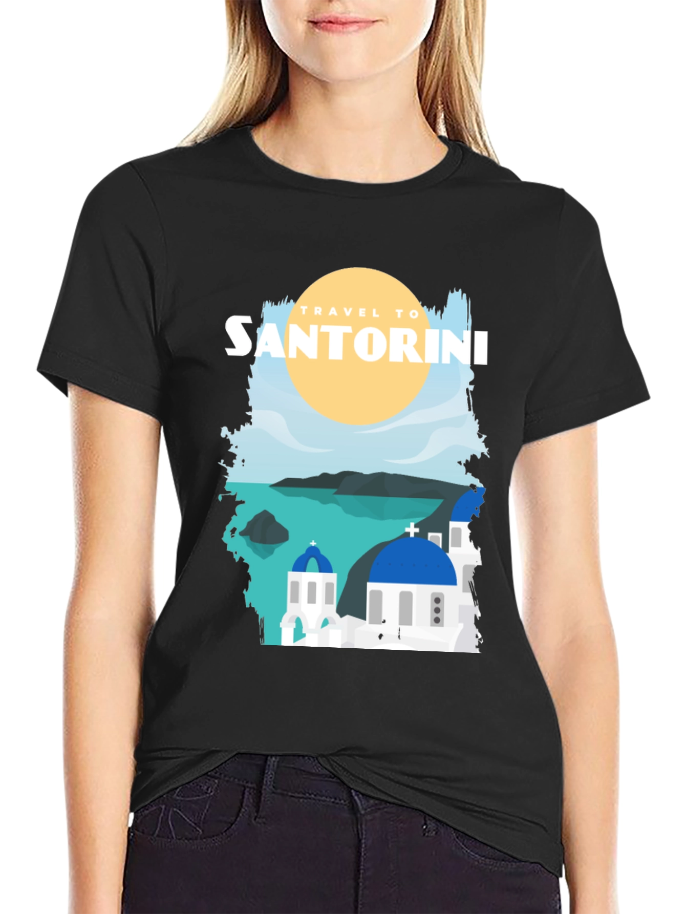 Santorini Travel Graphic Tee - Black Cotton T-Shirt