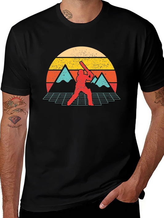 Retro Cricket Player Graphic Tee - Vintage Sunset Design