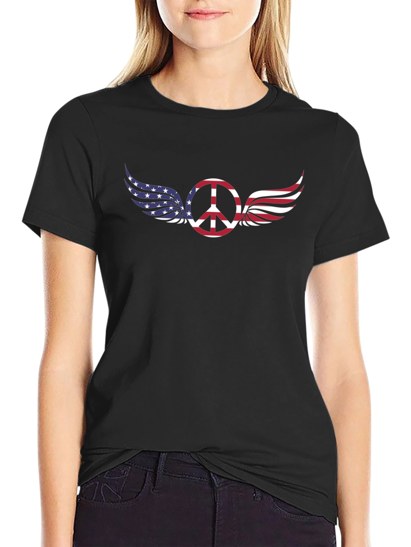 Peace Sign with American Flag Wings T-Shirt