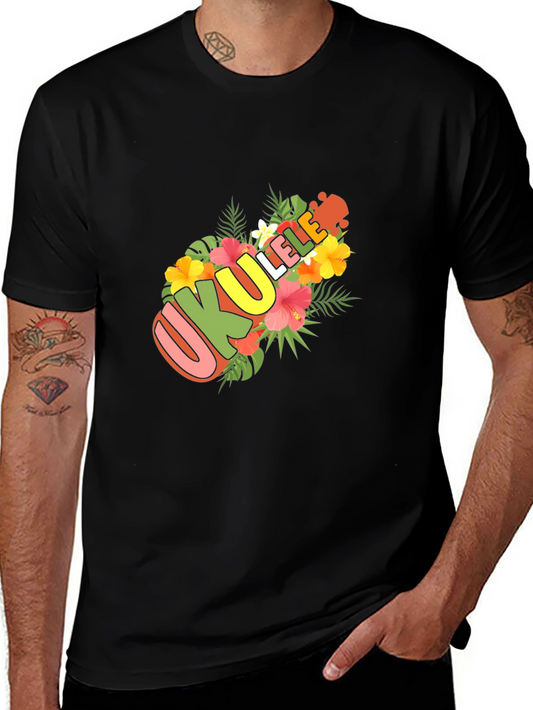 Ukulele Floral Design Black T-Shirt