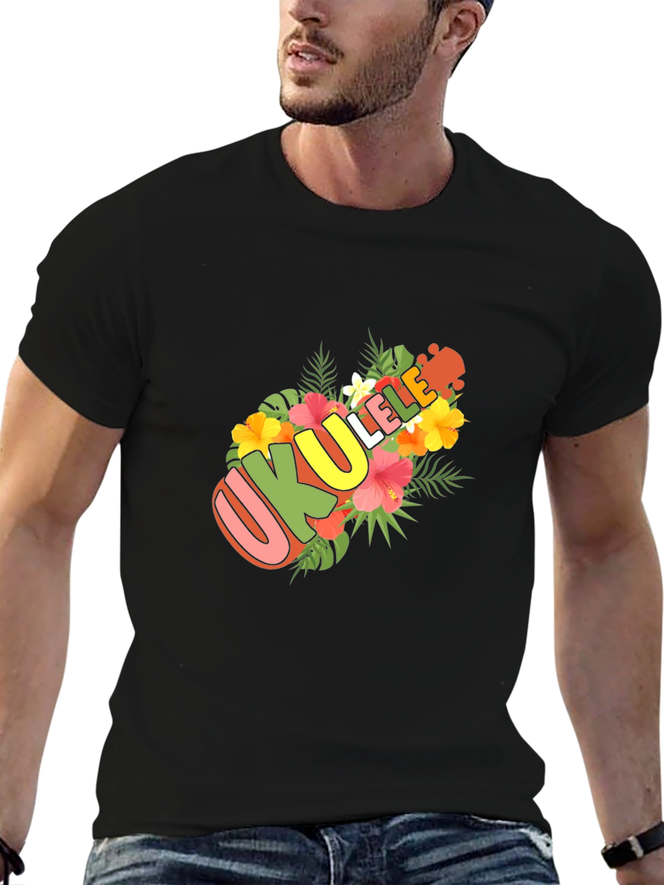 Ukulele Floral Design Black T-Shirt