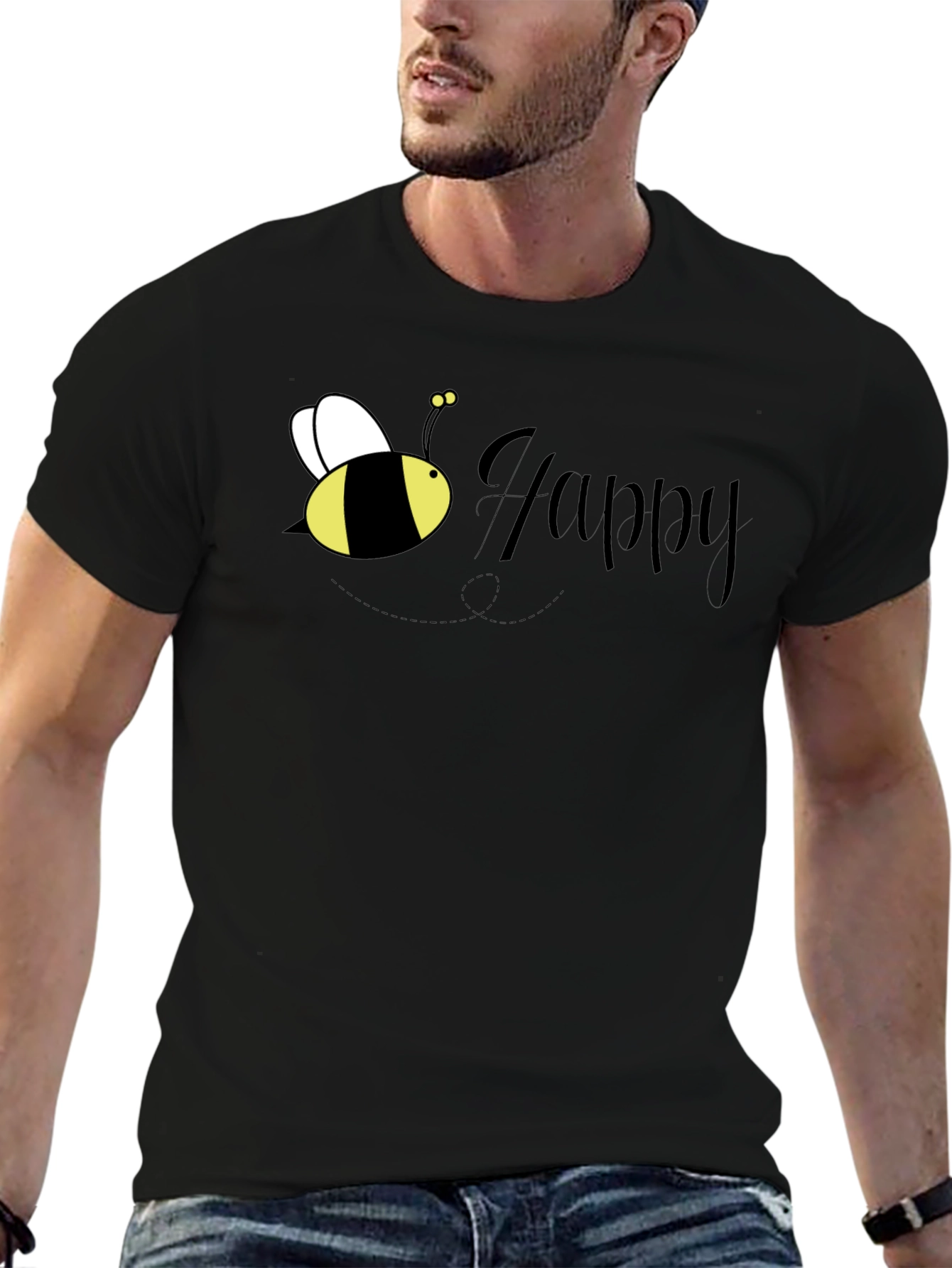 Bee Happy Graphic T-Shirt - Black Crew Neck Tee