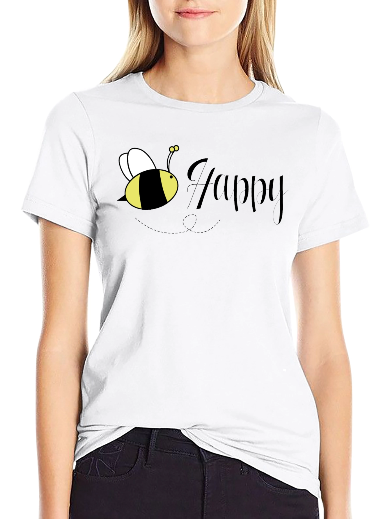 Bee Happy Graphic T-Shirt - Black Crew Neck Tee