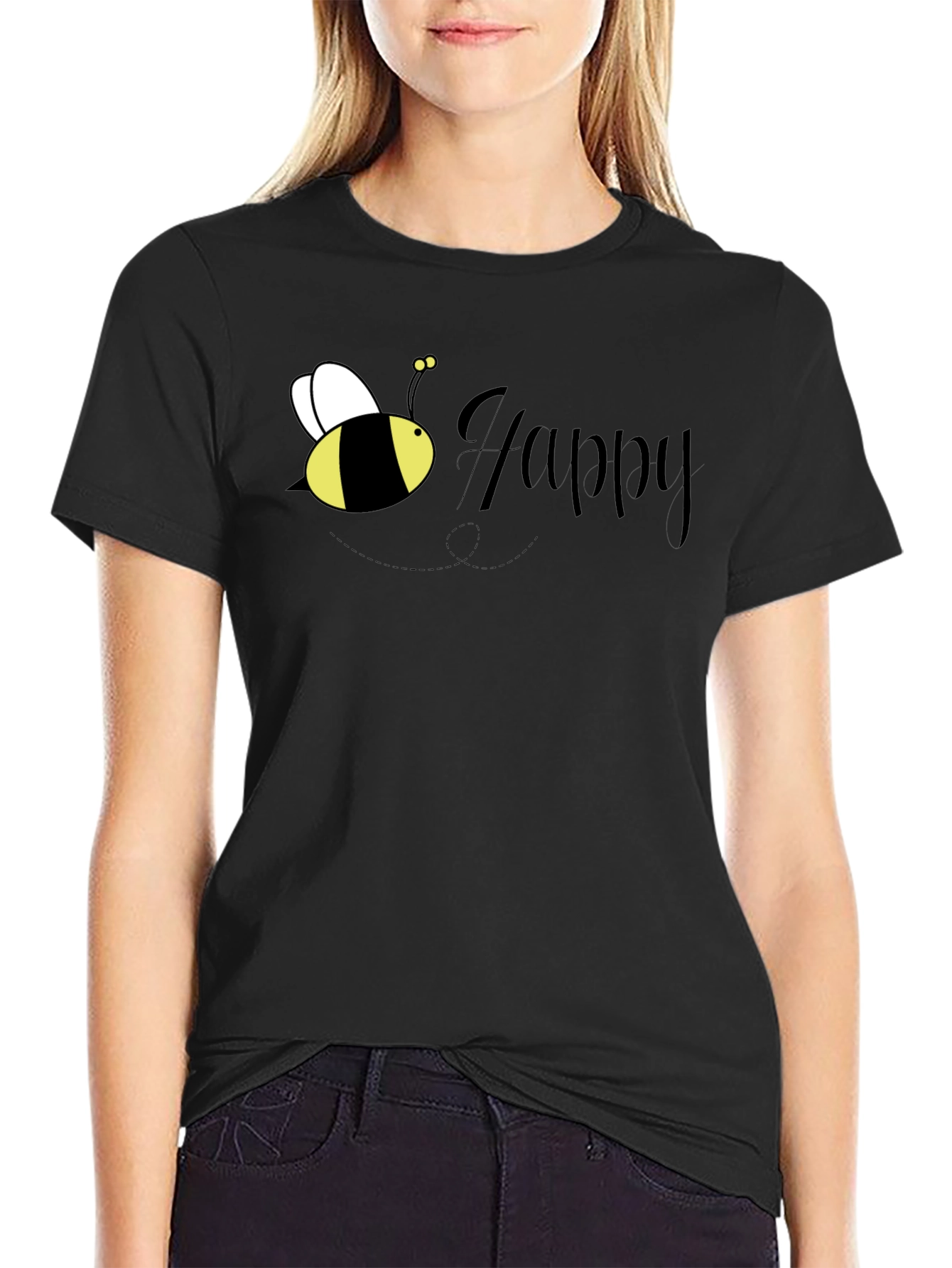Bee Happy Graphic T-Shirt - Black Crew Neck Tee