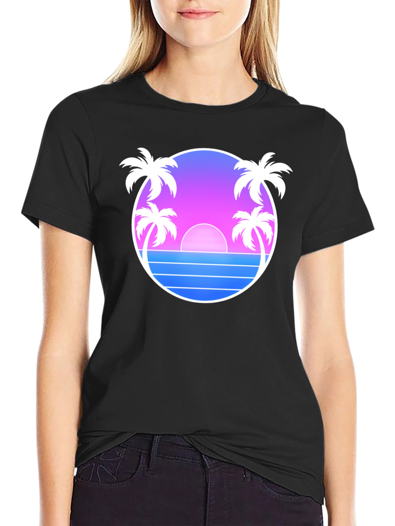 Retro Sunset Palm Tree T-Shirt - Black