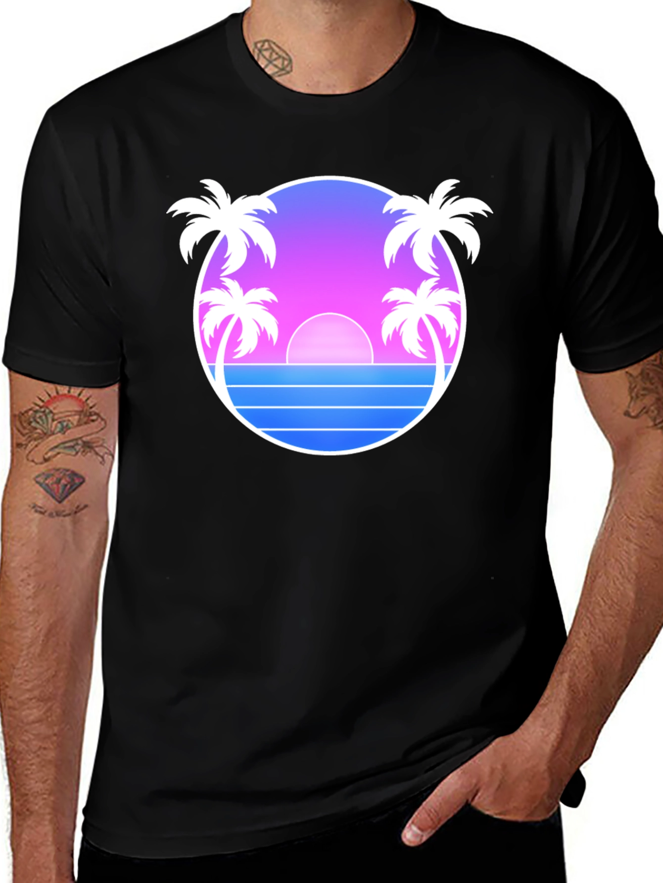 Retro Sunset Palm Tree T-Shirt - Black