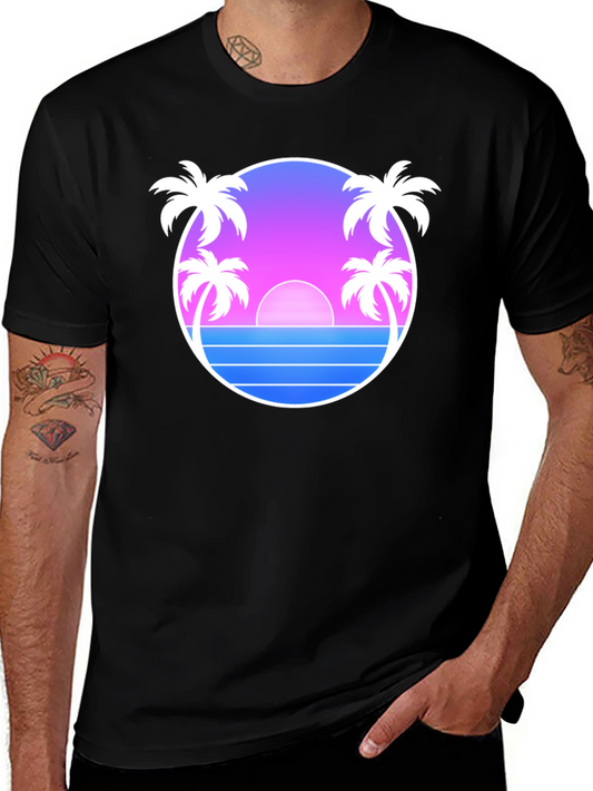 Retro Sunset Palm Tree T-Shirt - Black