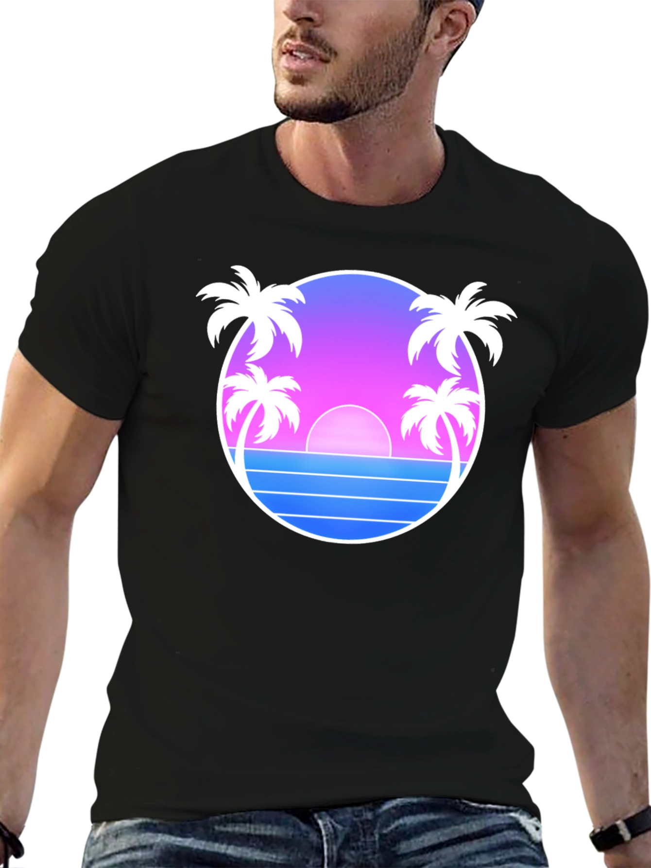 Retro Sunset Palm Tree T-Shirt - Black