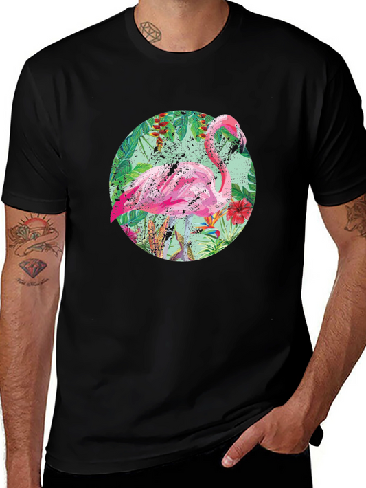 Tropical Flamingo T-Shirt - Black Cotton Tee