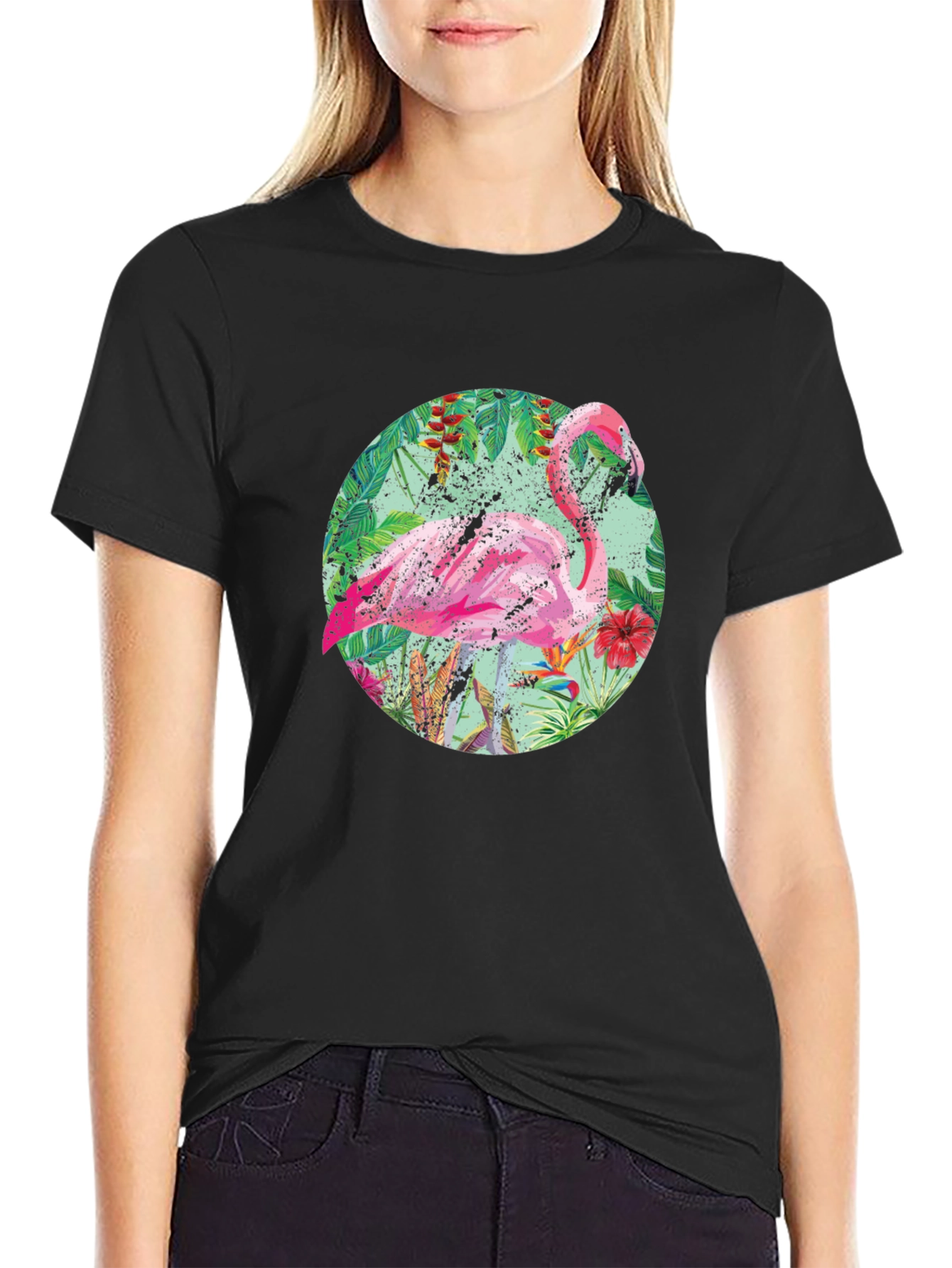 Tropical Flamingo T-Shirt - Black Cotton Tee
