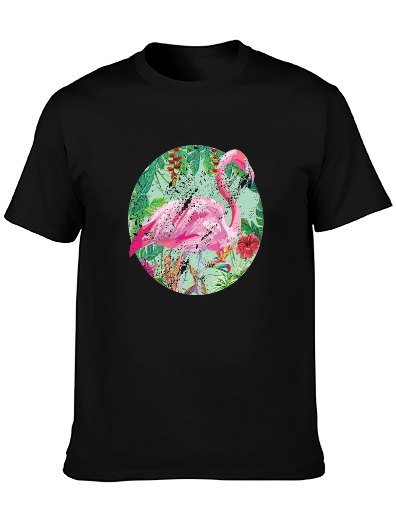 Tropical Flamingo T-Shirt - Black Cotton Tee