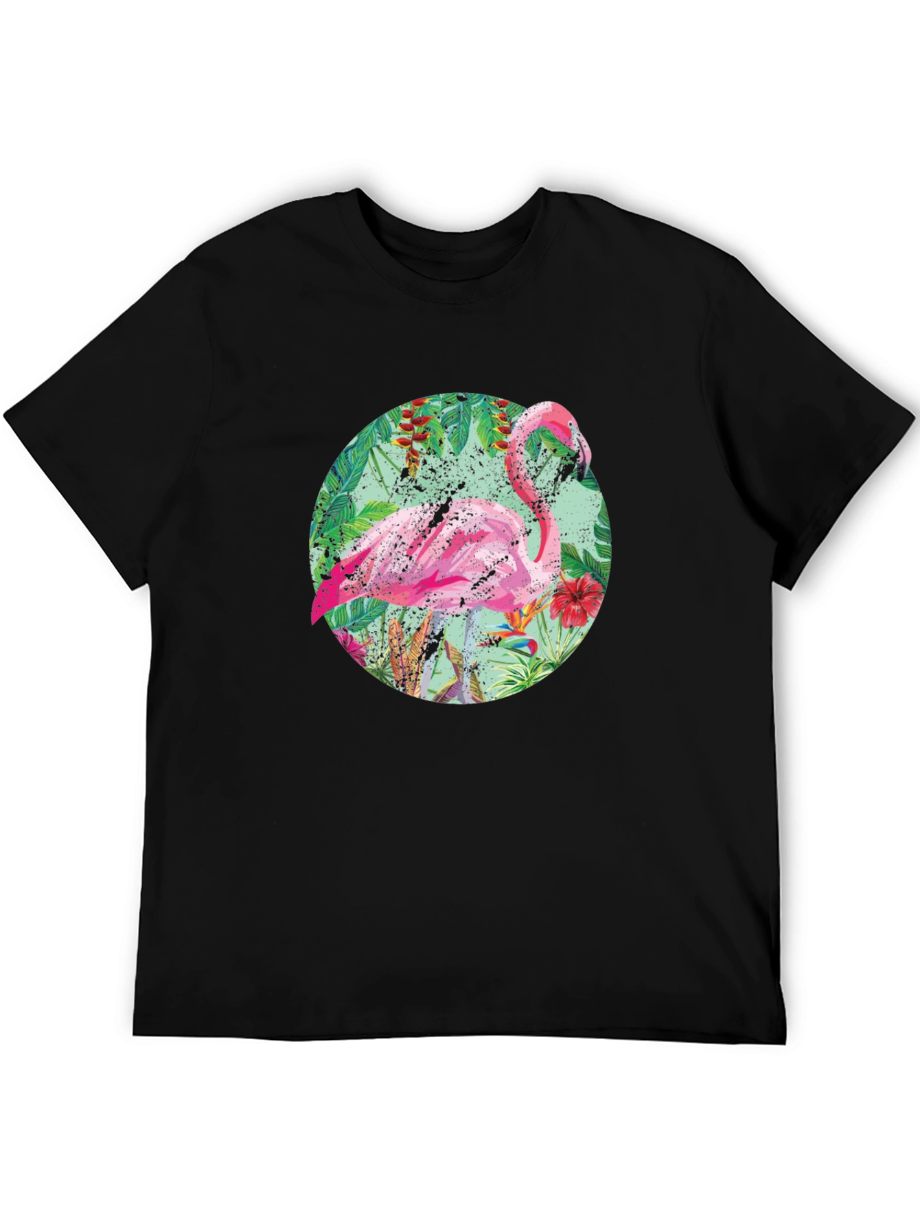 Tropical Flamingo T-Shirt - Black Cotton Tee