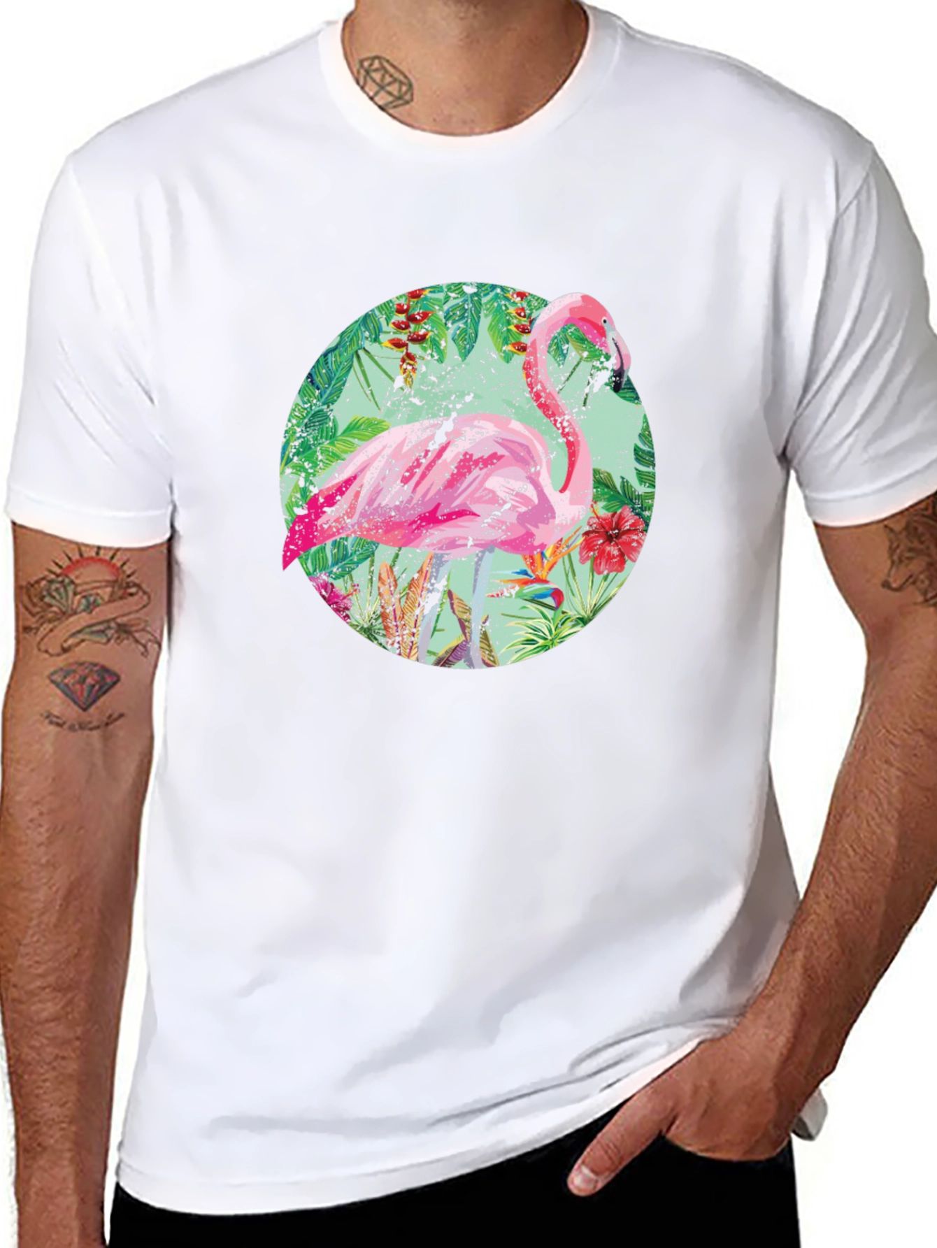 Tropical Flamingo T-Shirt - Black Cotton Tee