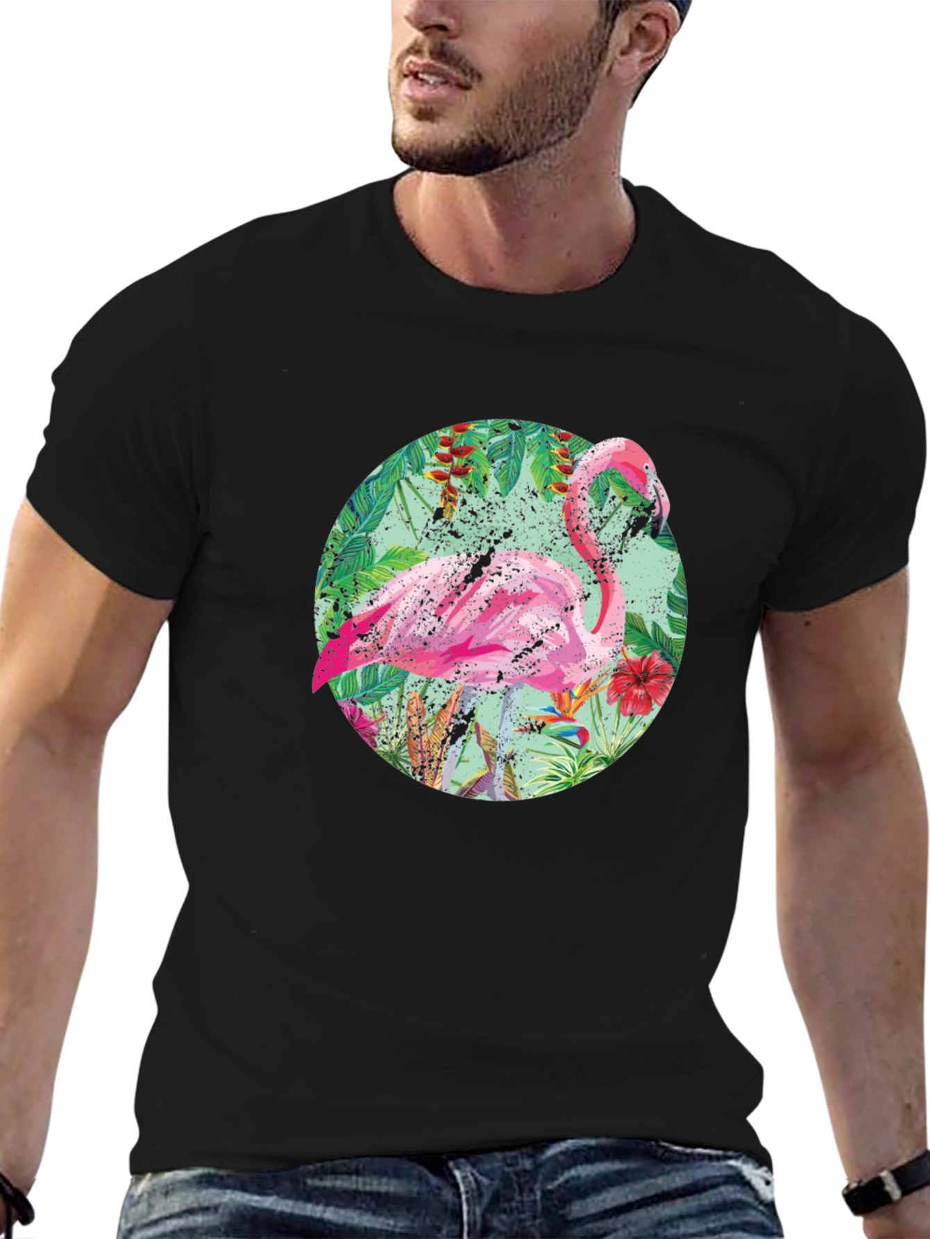 Tropical Flamingo T-Shirt - Black Cotton Tee