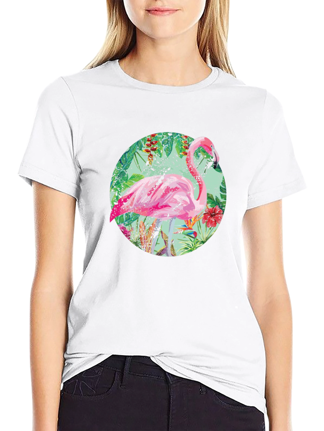 Tropical Flamingo T-Shirt - Black Cotton Tee
