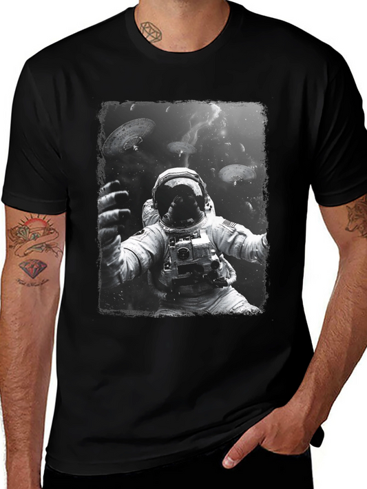 Astronaut in Space Graphic Tee - Black Cotton T-Shirt