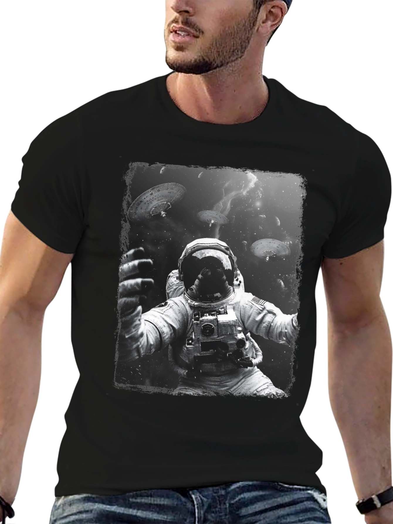 Astronaut in Space Graphic Tee - Black Cotton T-Shirt