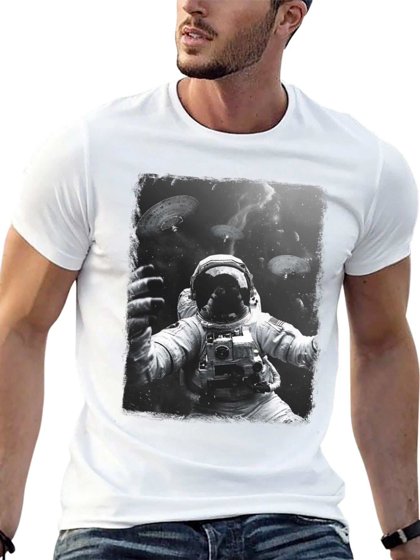 Astronaut in Space Graphic Tee - Black Cotton T-Shirt