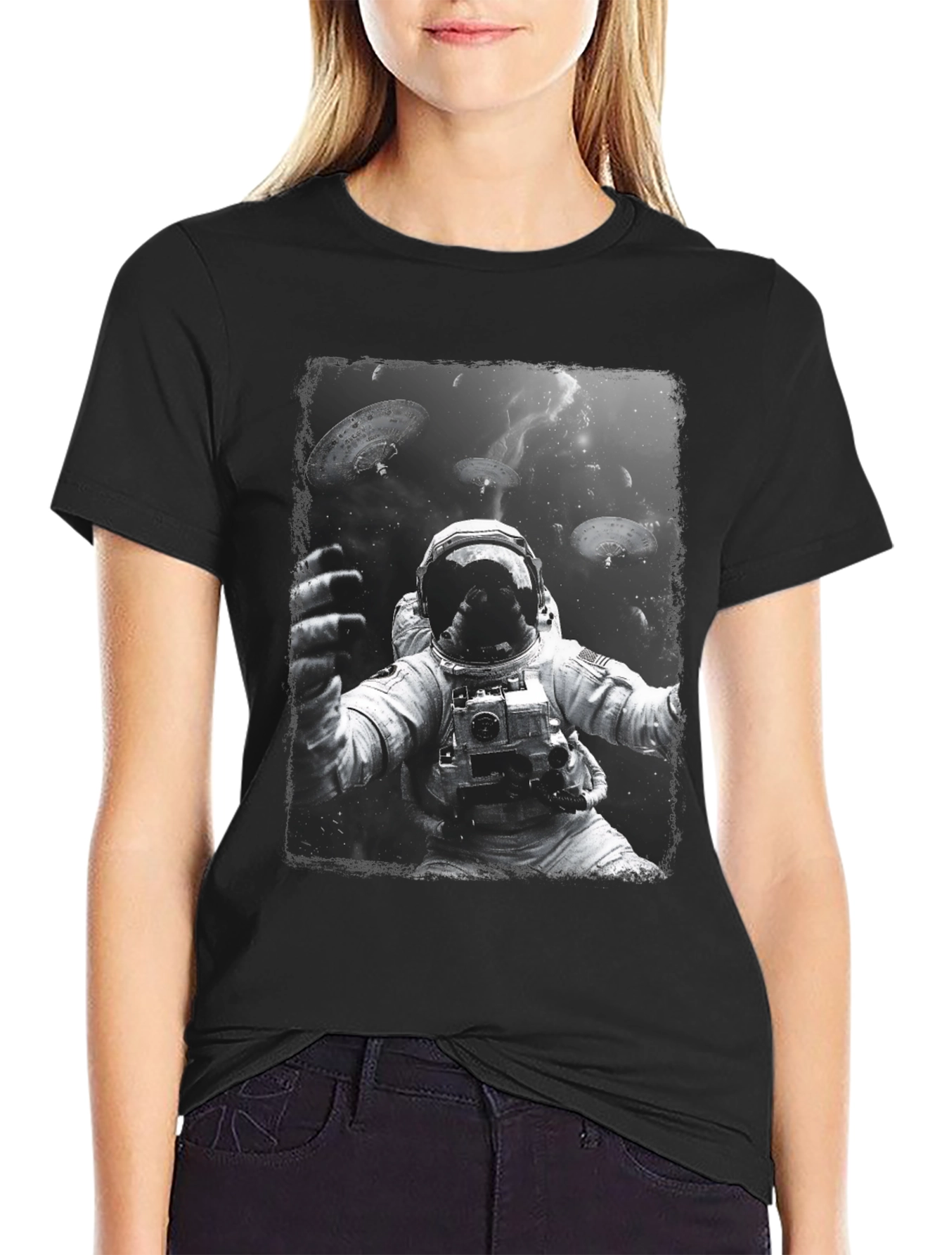 Astronaut in Space Graphic Tee - Black Cotton T-Shirt