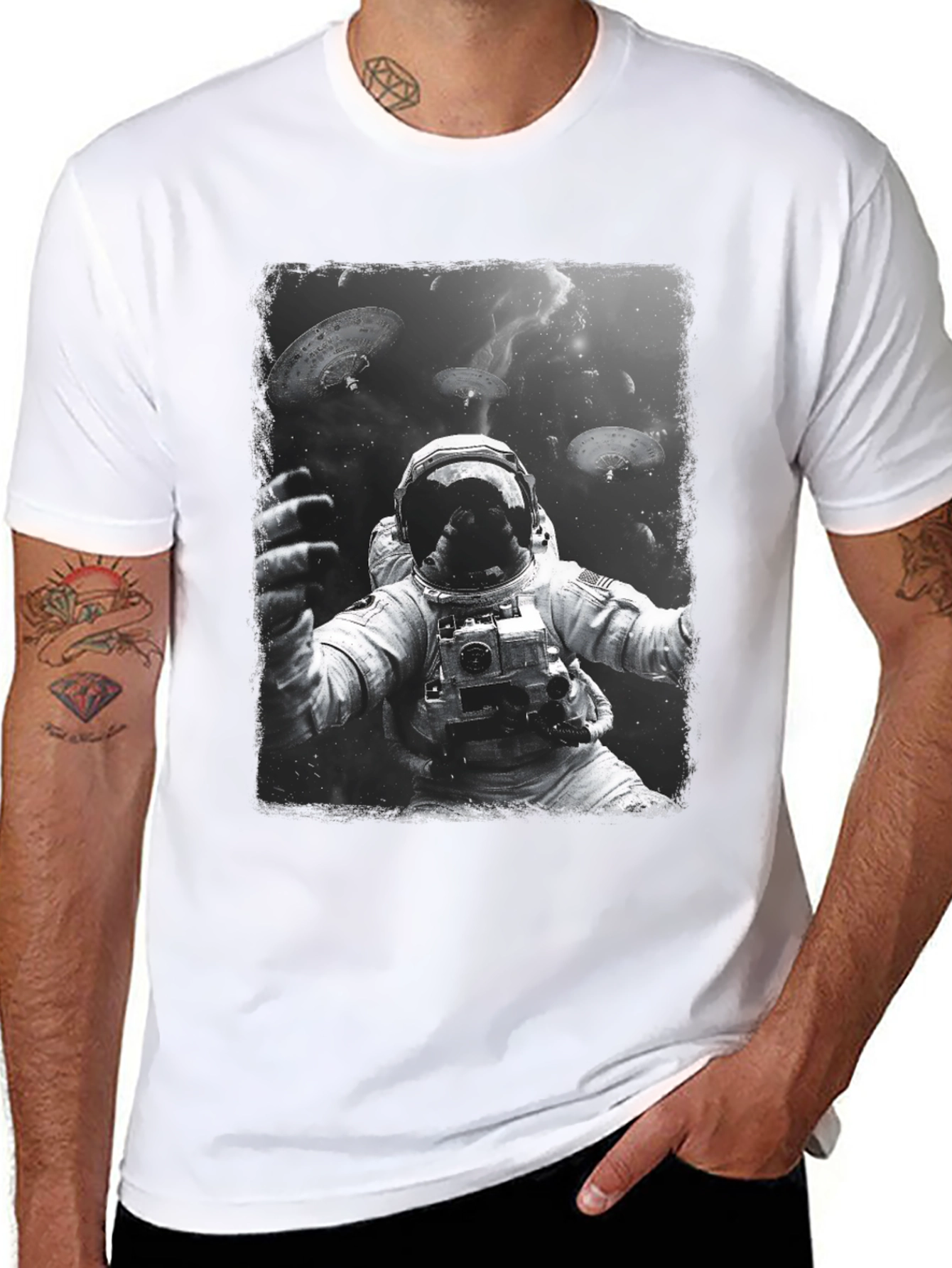 Astronaut in Space Graphic Tee - Black Cotton T-Shirt