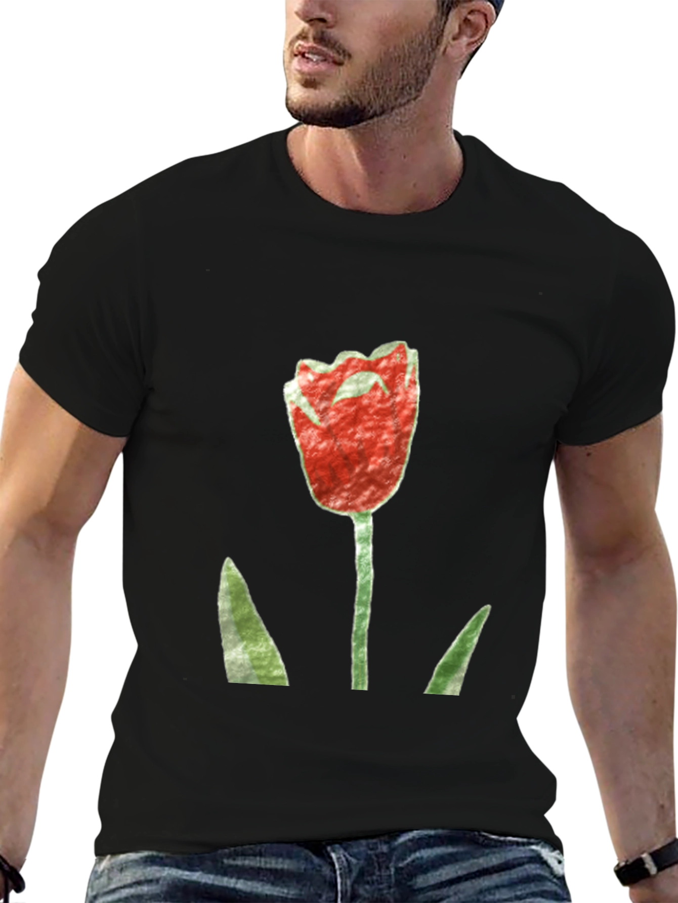 Red Tulip Graphic Black T-Shirt