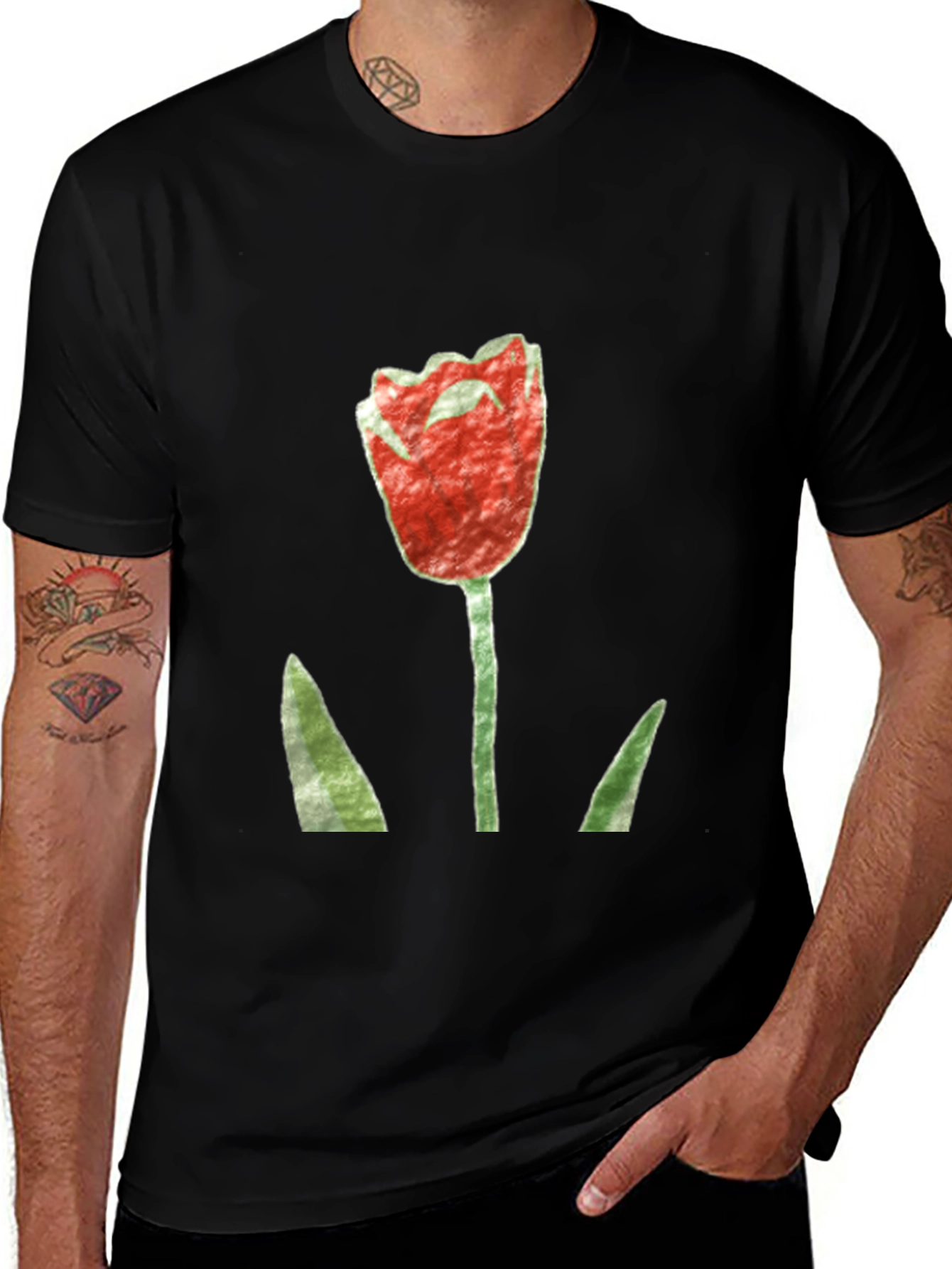 Red Tulip Graphic Black T-Shirt