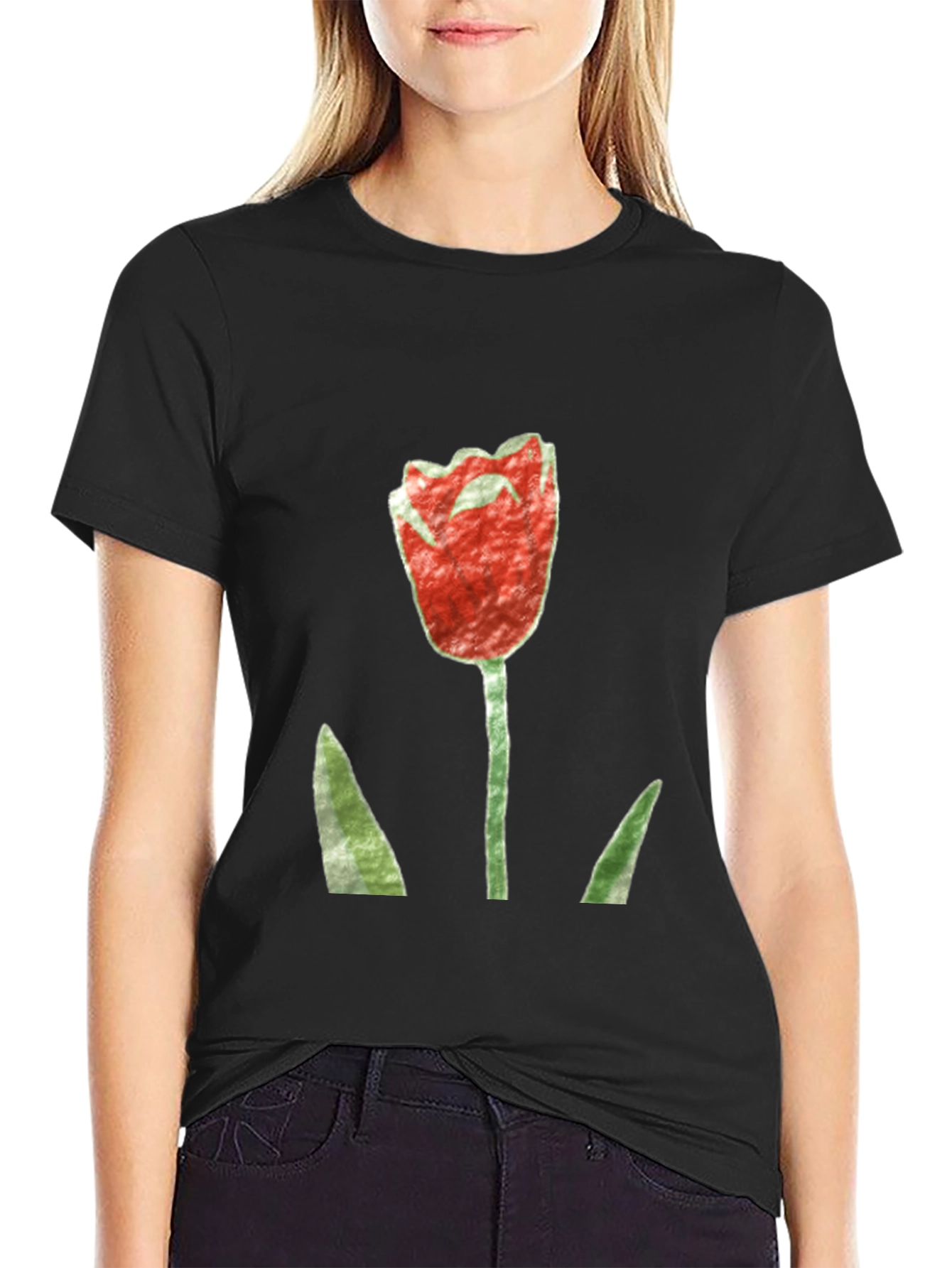 Red Tulip Graphic Black T-Shirt