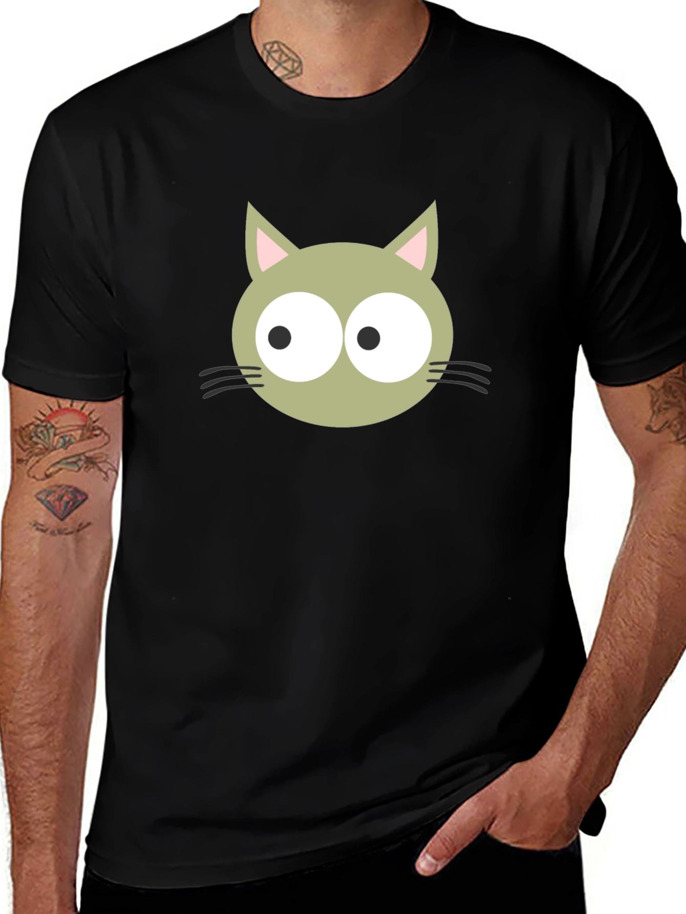 Cartoon Cat Graphic Tee - Black Cotton Blend Shirt