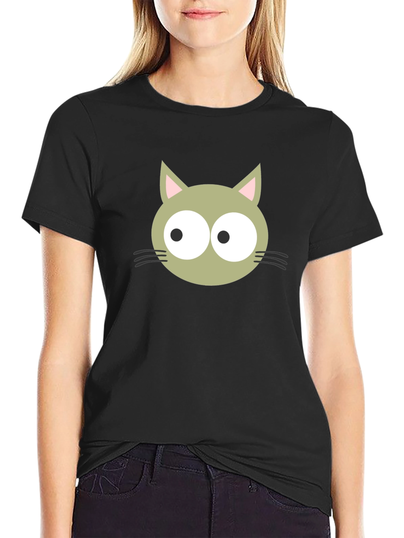 Cartoon Cat Graphic Tee - Black Cotton Blend Shirt