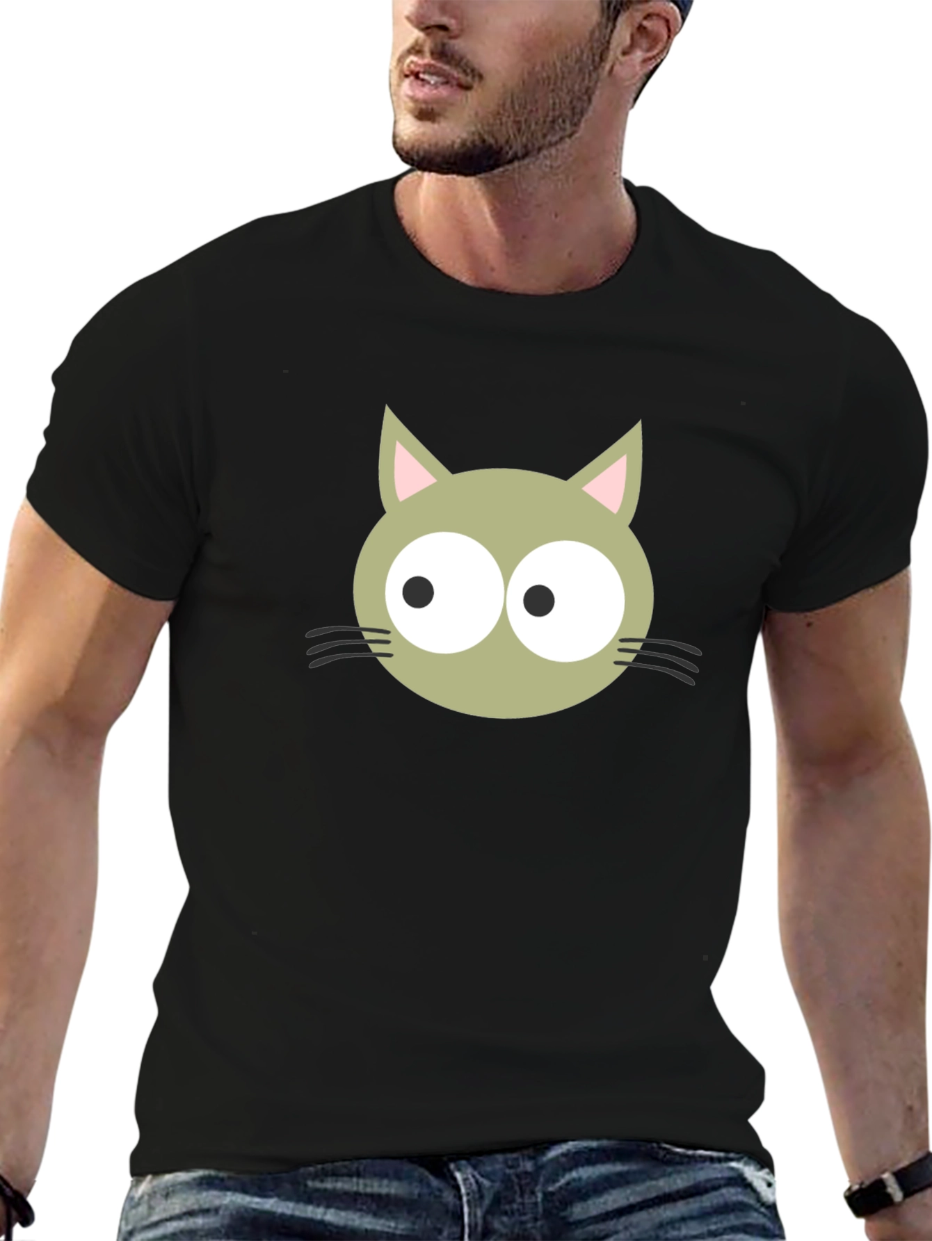 Cartoon Cat Graphic Tee - Black Cotton Blend Shirt
