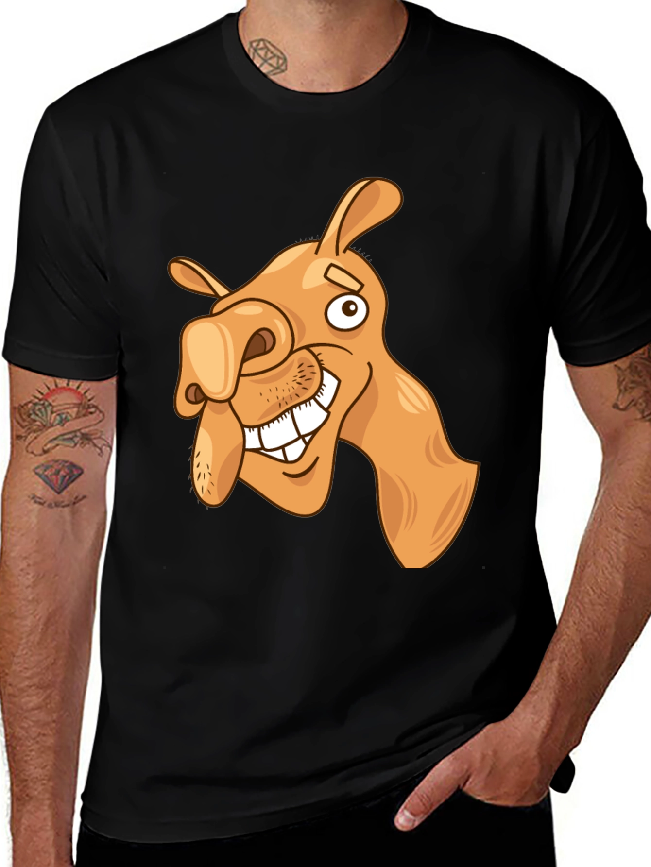 Funny Camel Cartoon Graphic Black T-Shirt