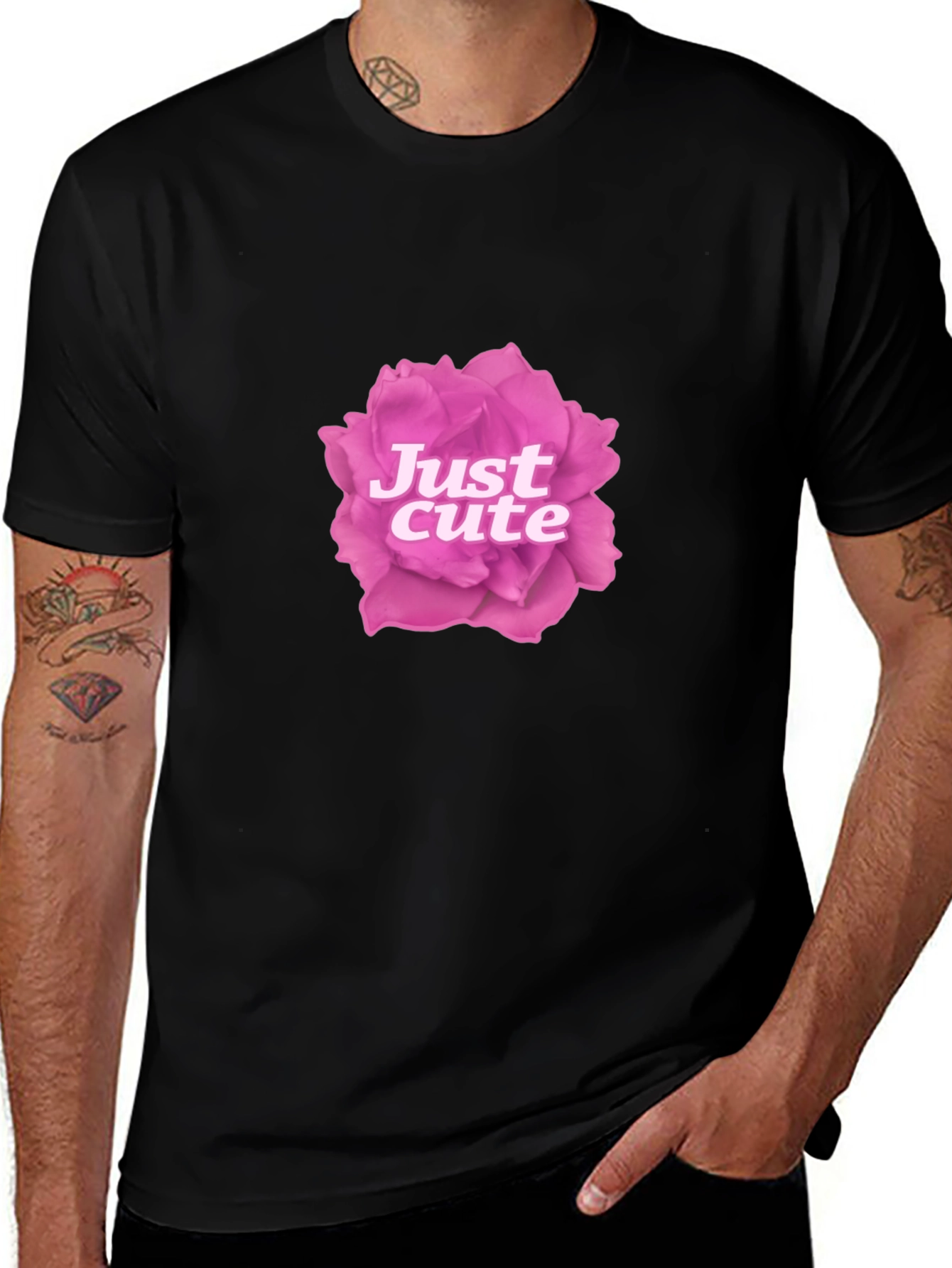Just Cute Pink Rose Graphic Black T-Shirt