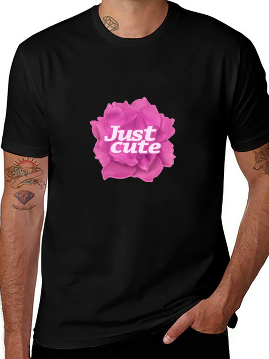 Just Cute Pink Rose Graphic Black T-Shirt