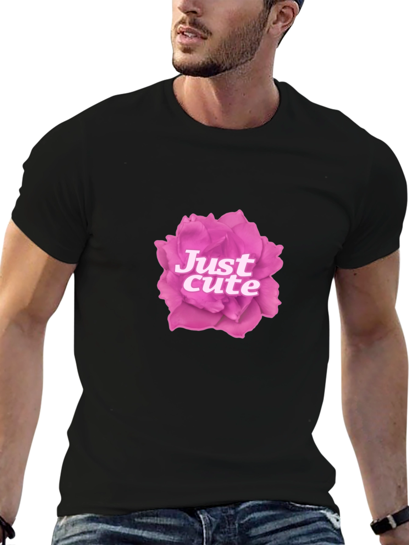 Just Cute Pink Rose Graphic Black T-Shirt