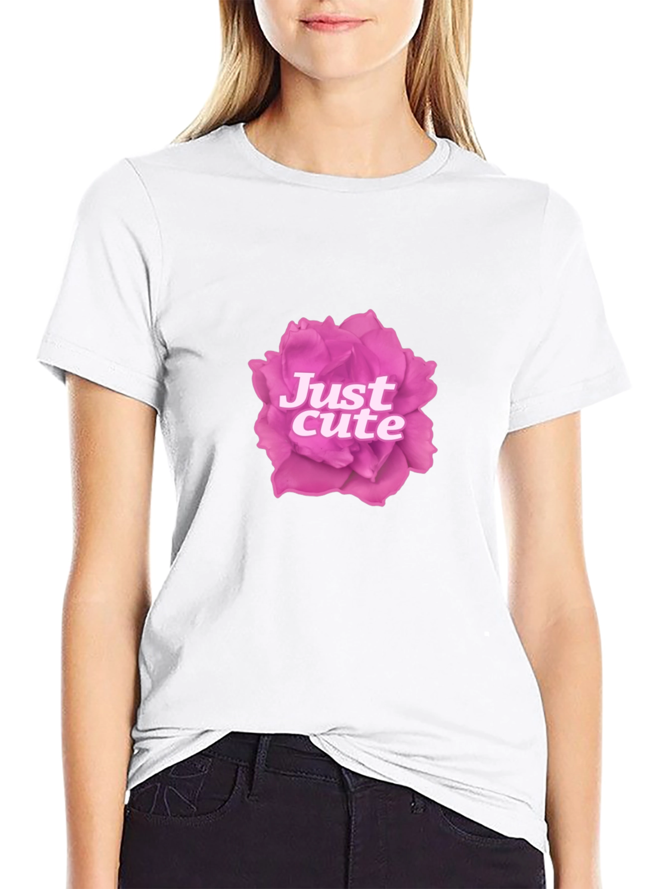 Just Cute Pink Rose Graphic Black T-Shirt