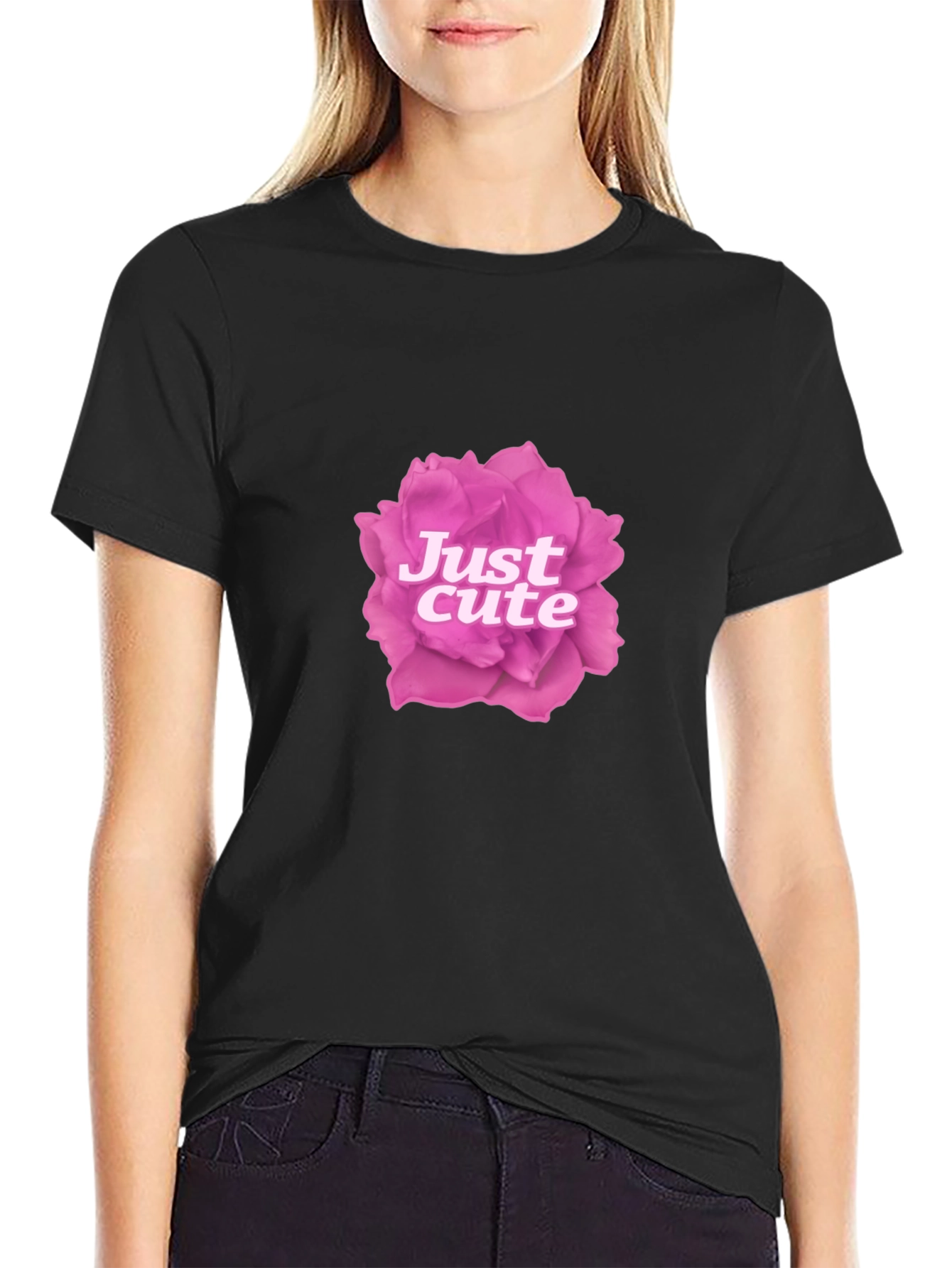 Just Cute Pink Rose Graphic Black T-Shirt