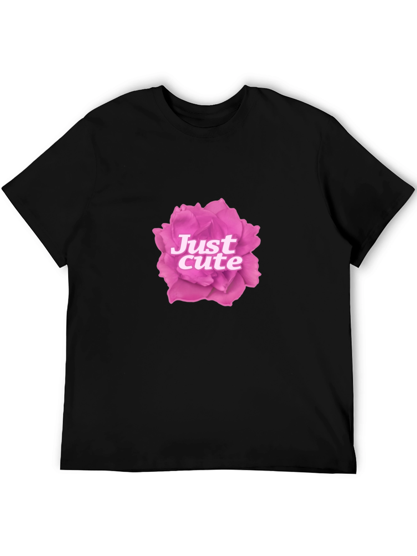 Just Cute Pink Rose Graphic Black T-Shirt