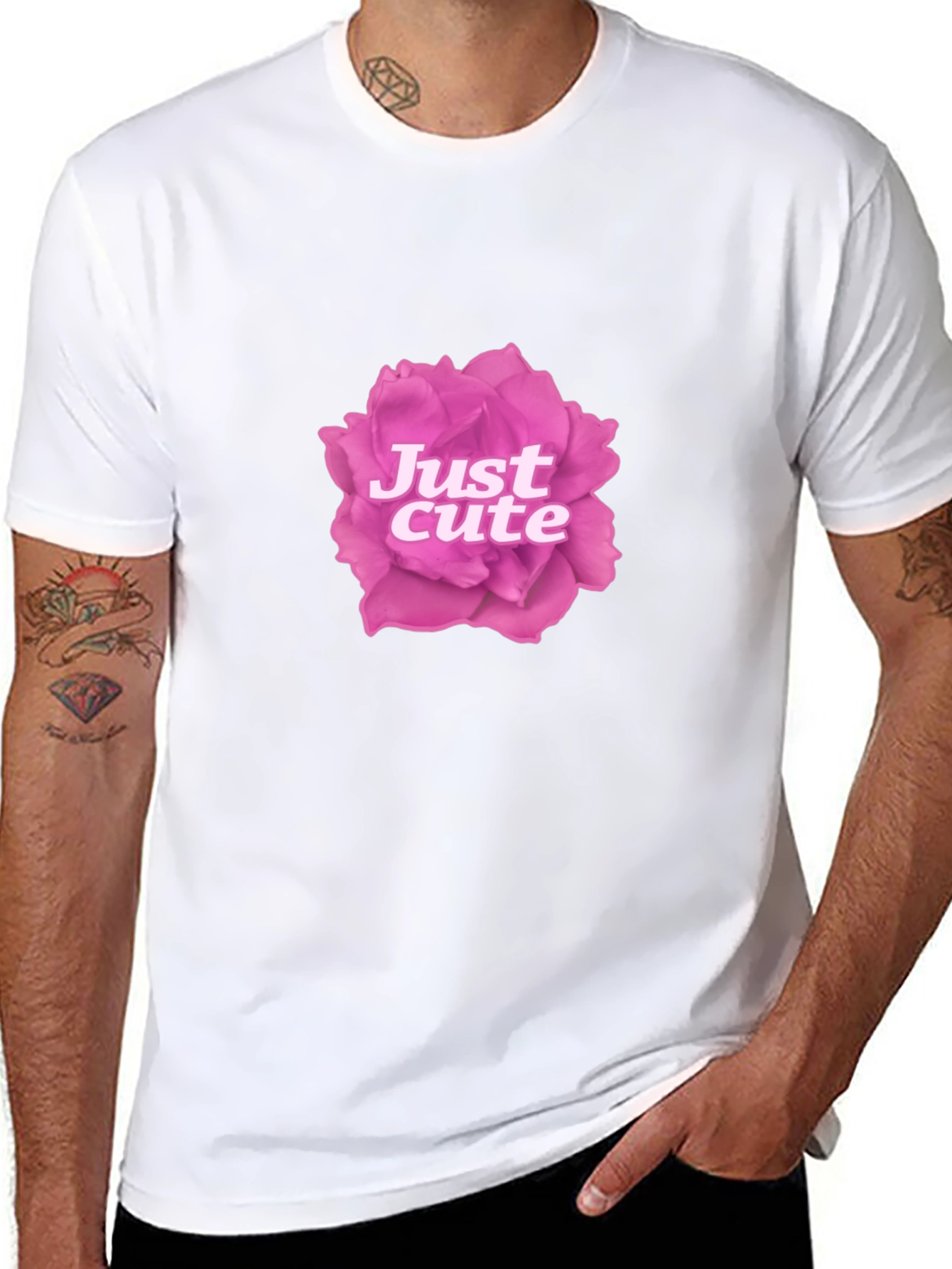 Just Cute Pink Rose Graphic Black T-Shirt