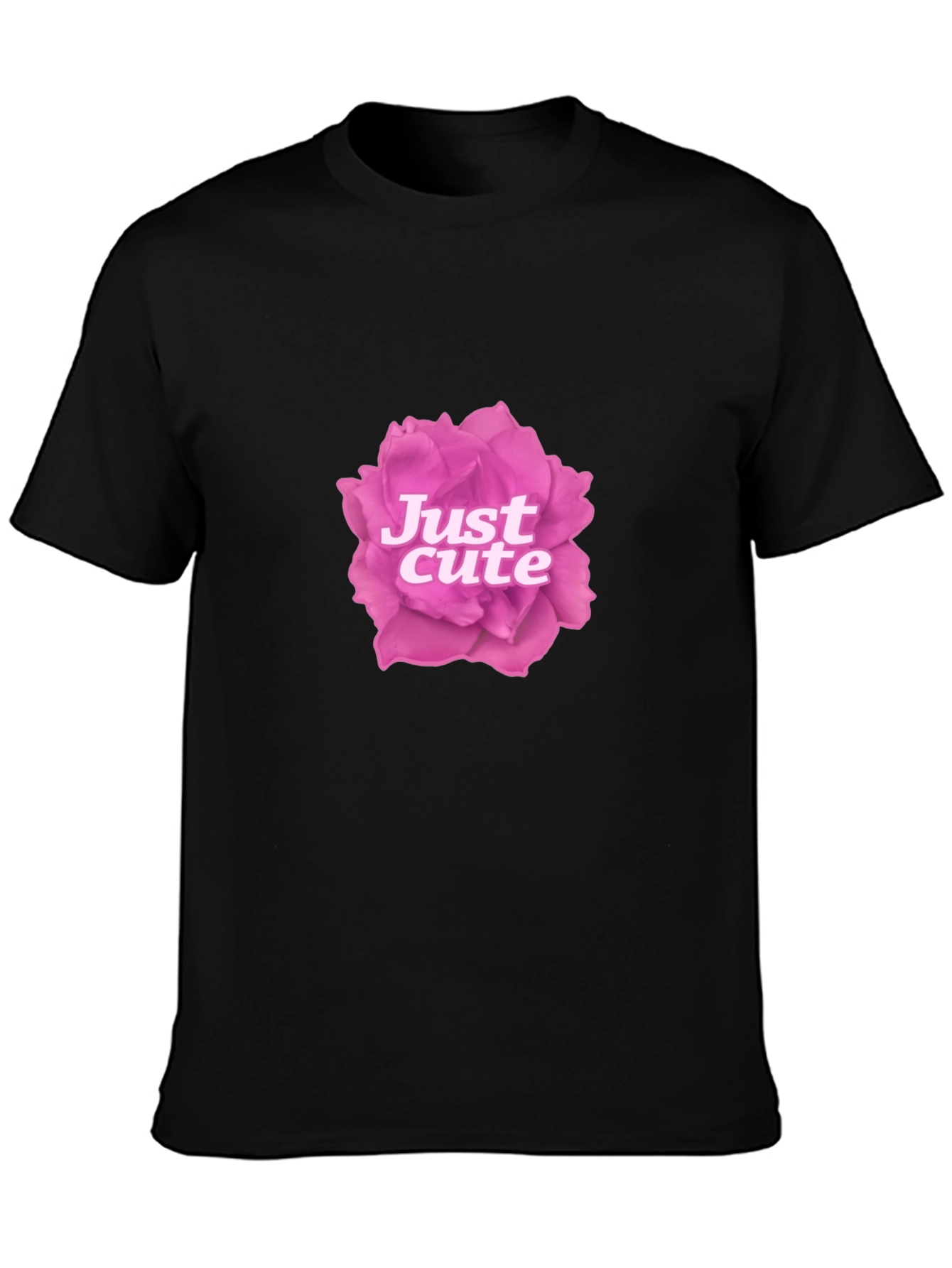 Just Cute Pink Rose Graphic Black T-Shirt
