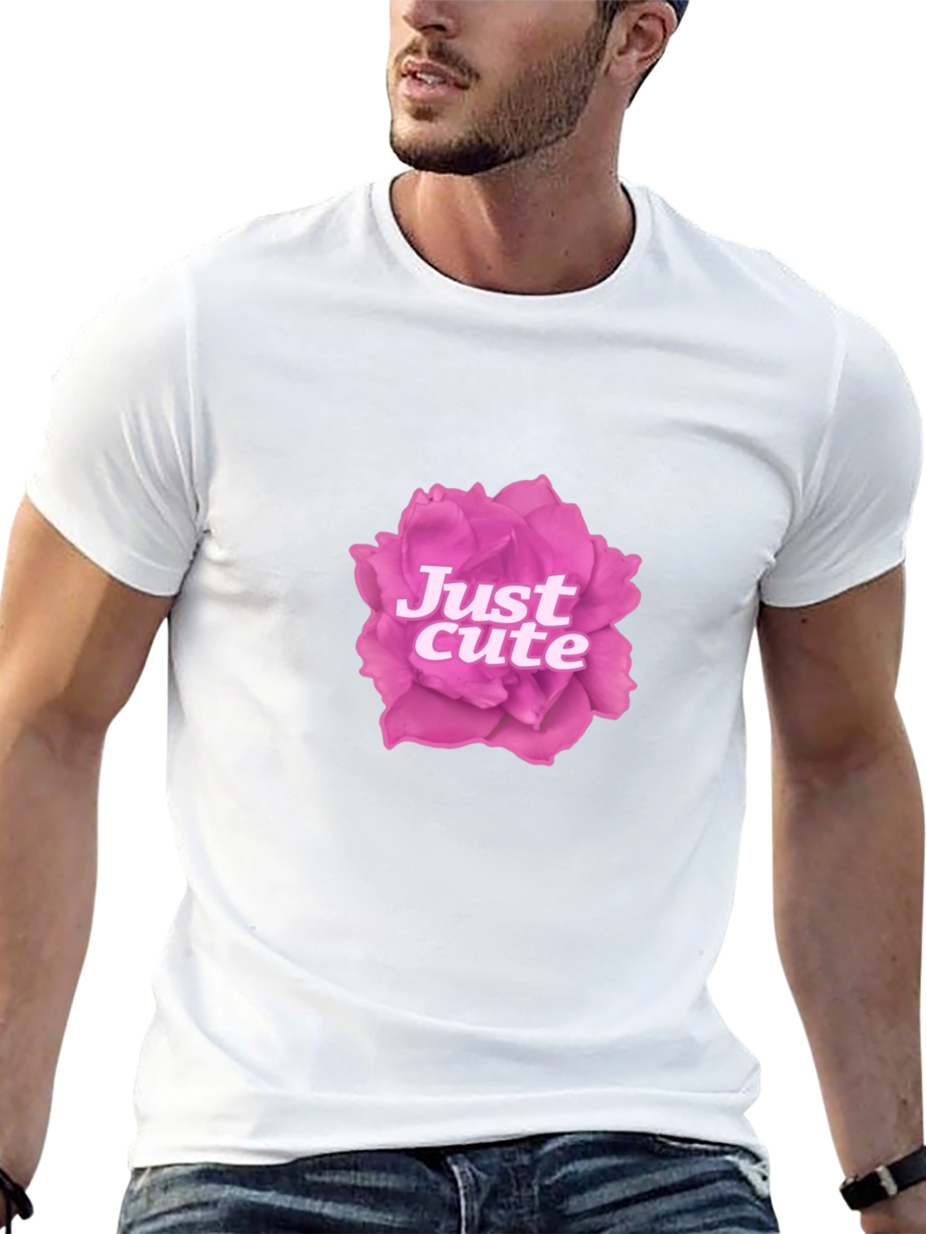 Just Cute Pink Rose Graphic Black T-Shirt