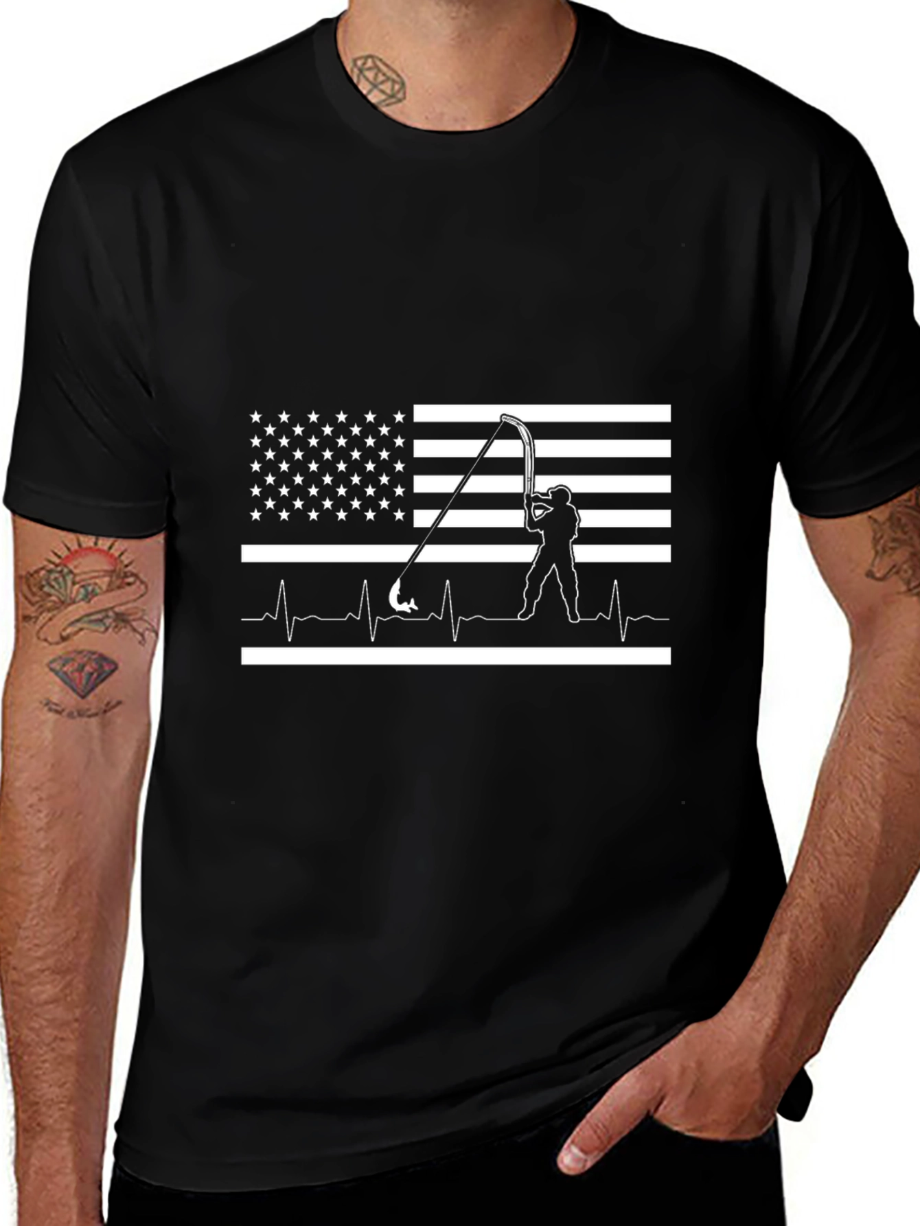 American Flag Fishing Heartbeat T-Shirt