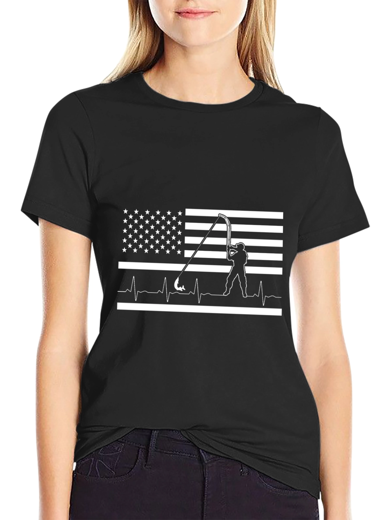American Flag Fishing Heartbeat T-Shirt