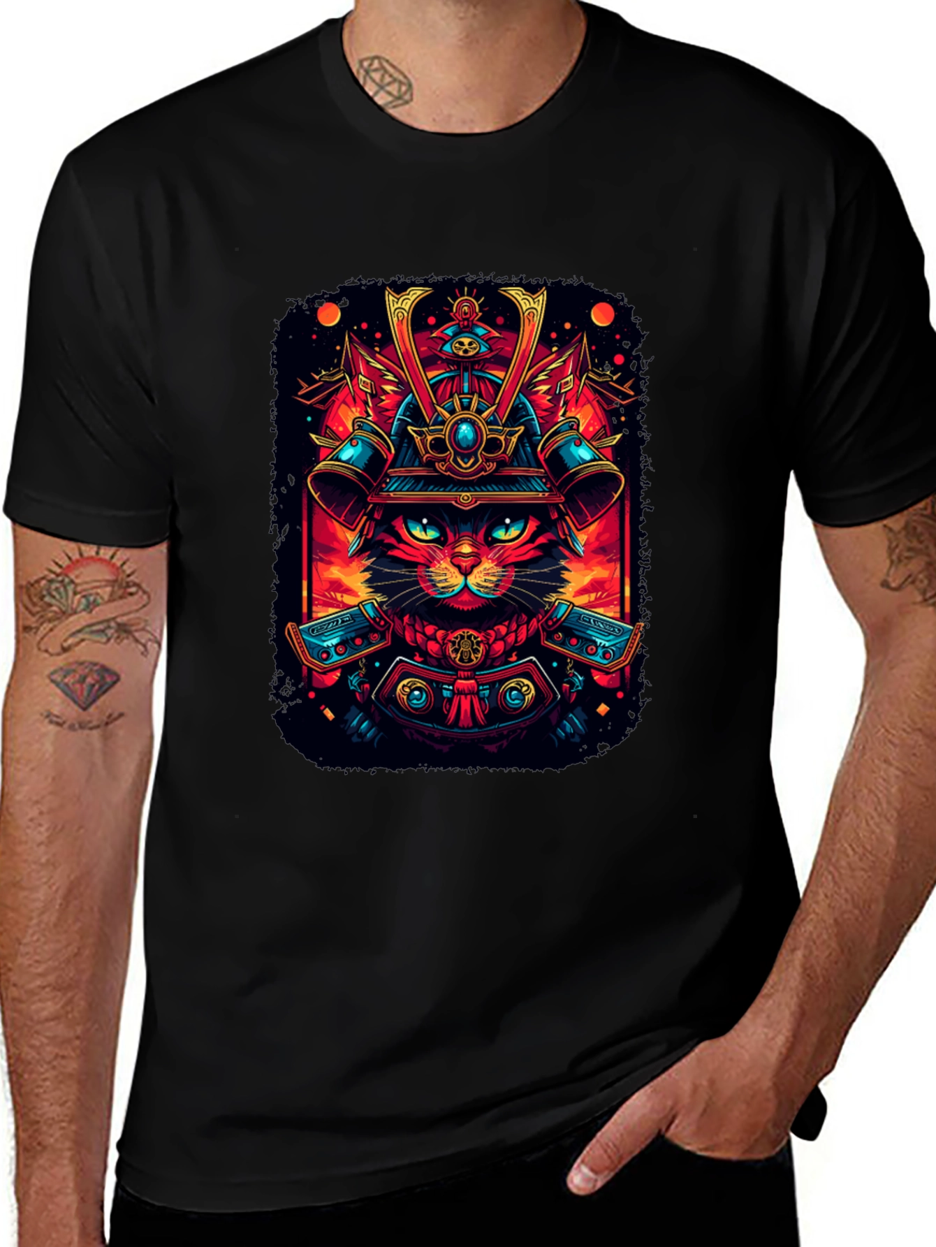 Samurai Cat Graphic Tee - Black Cotton