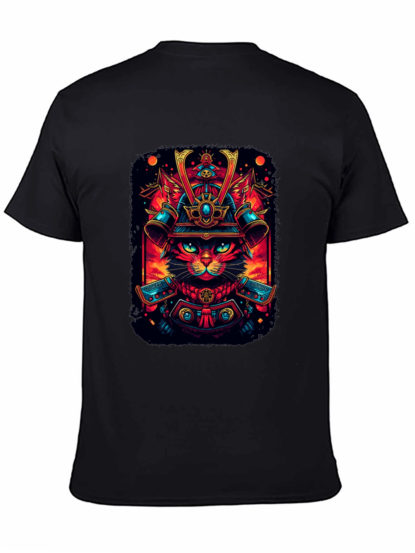Samurai Cat Graphic Tee - Black Cotton